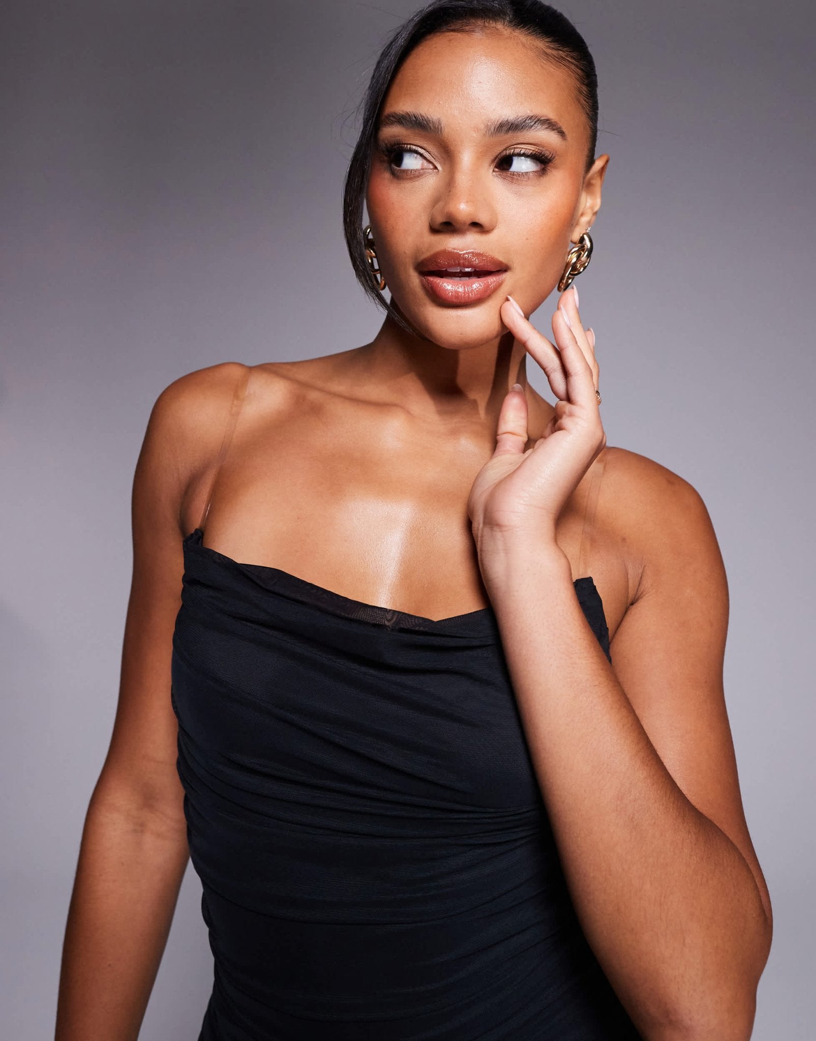 Oh Polly Femi pointed bust bandeau mini dress with clear straps in black - ASOS Sample Sale