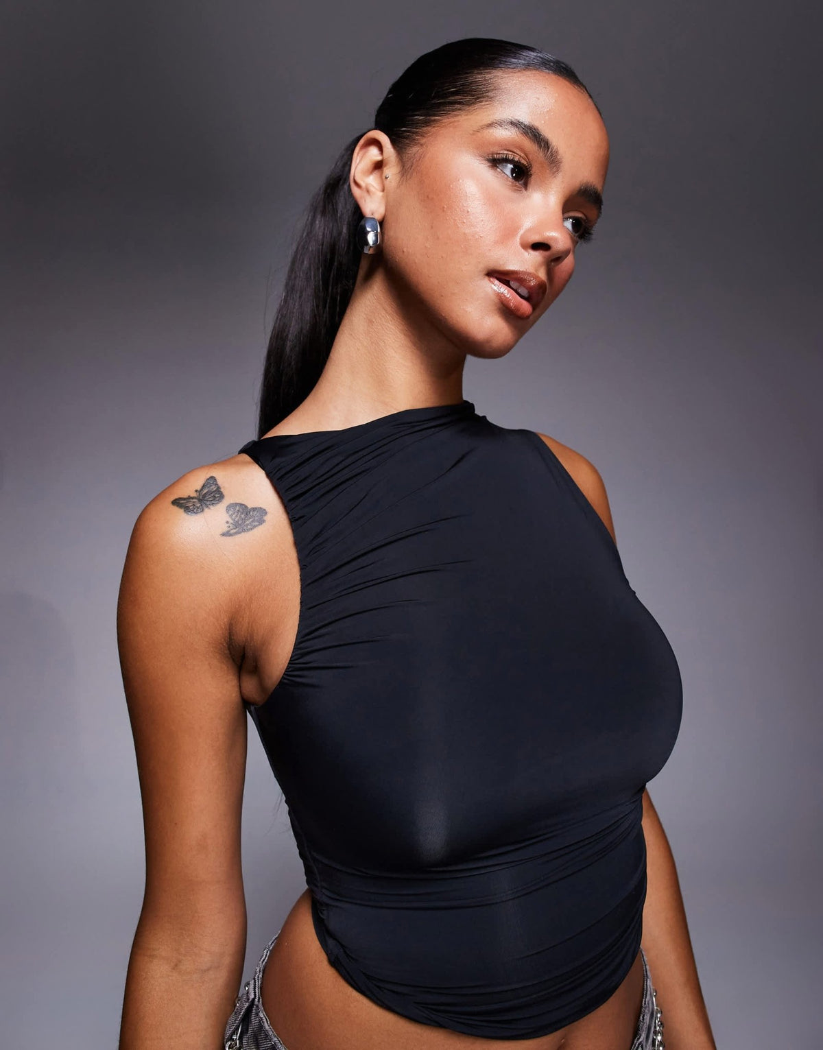 Oh Polly Kirbie asymmetric ruched tank top in black - ASOS Sample Sale