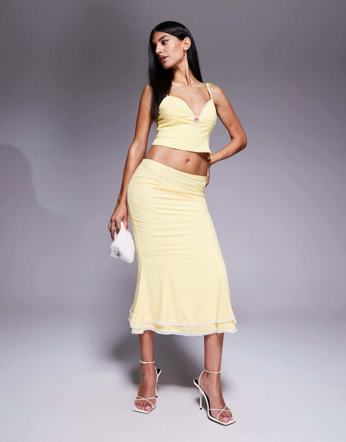 Oh Polly Lupita lace trim tiered midi skirt co-ord in pastel yellow - ASOS Sample Sale
