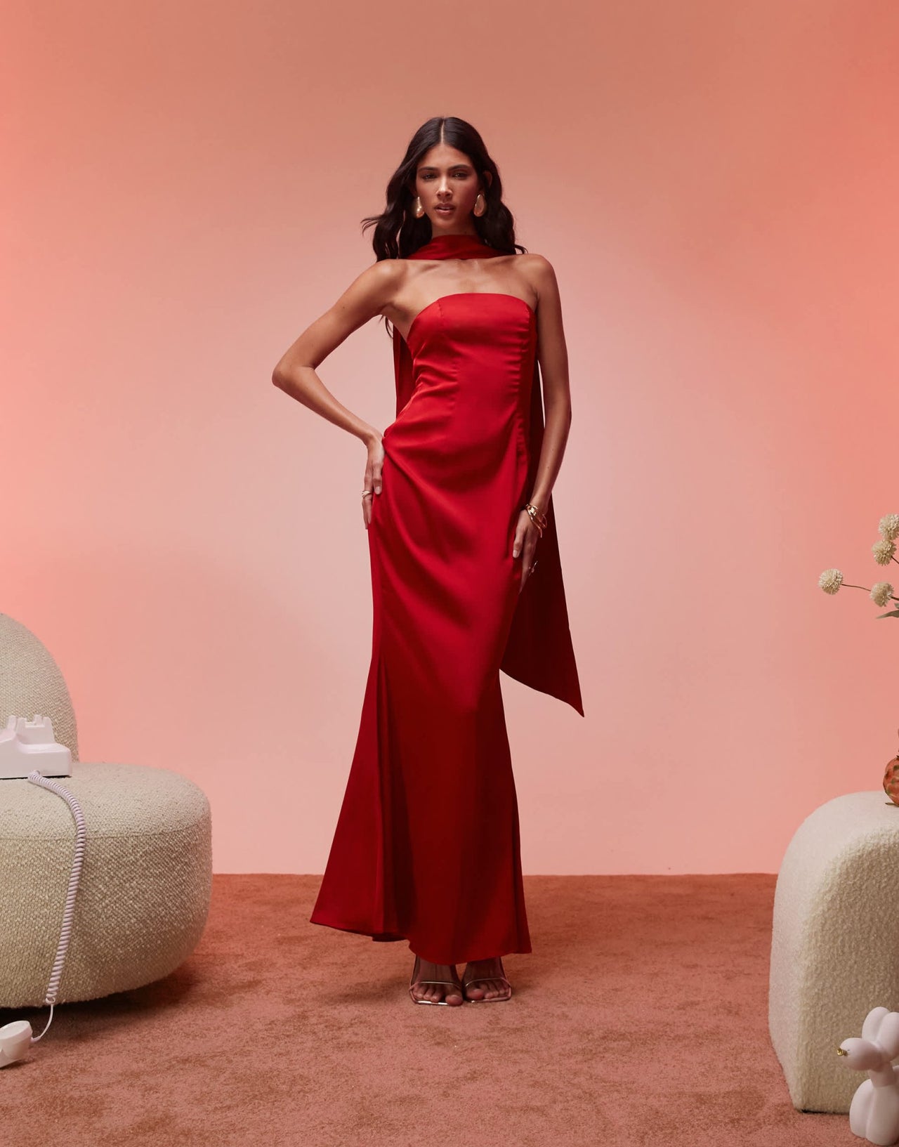 Oh Polly Mandi scarf detail strapless maxi dress in scarlet red - ASOS Sample Sale