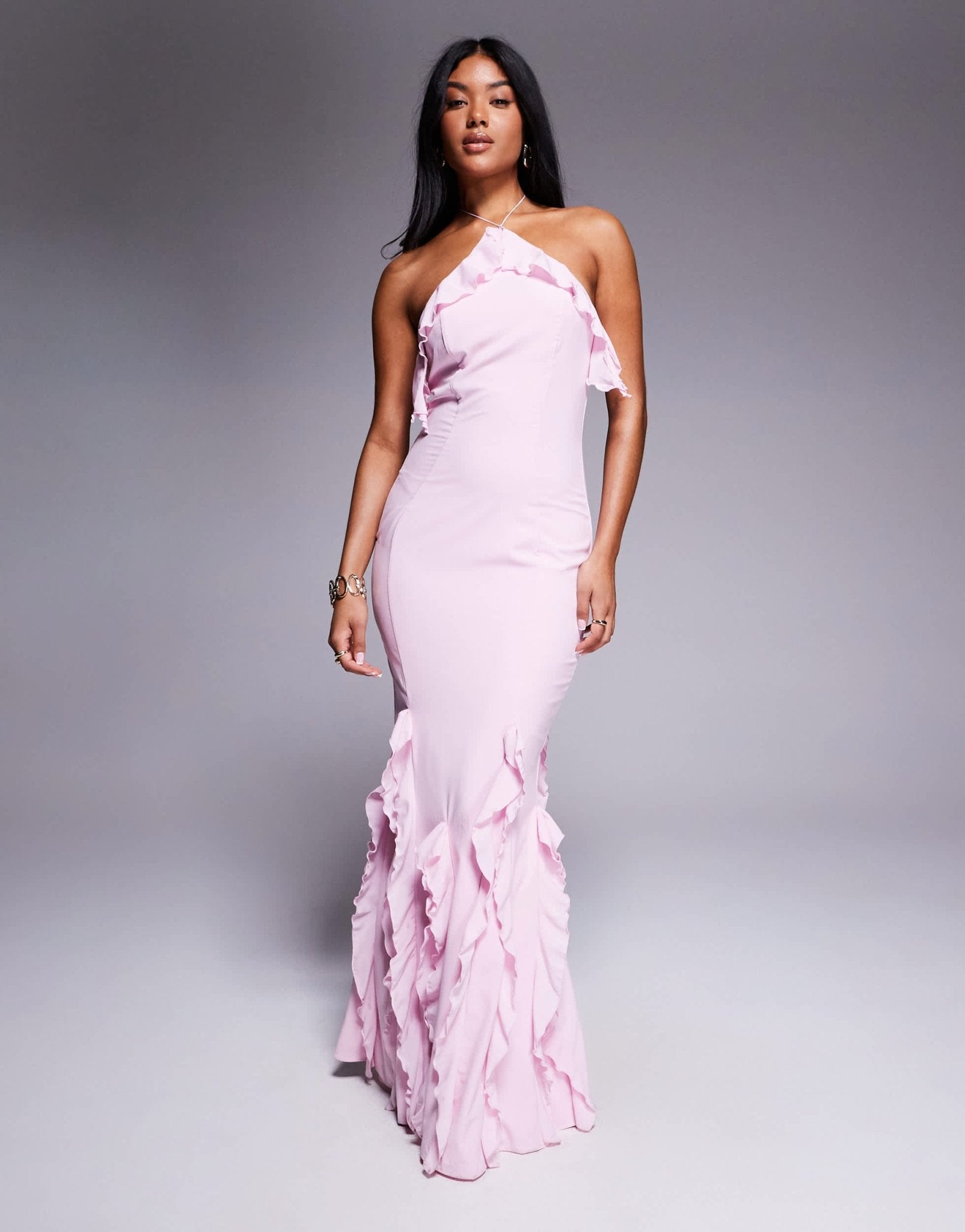 Oh Polly Miyera ruffle trim halterneck maxi dress in soft pink - ASOS Sample Sale