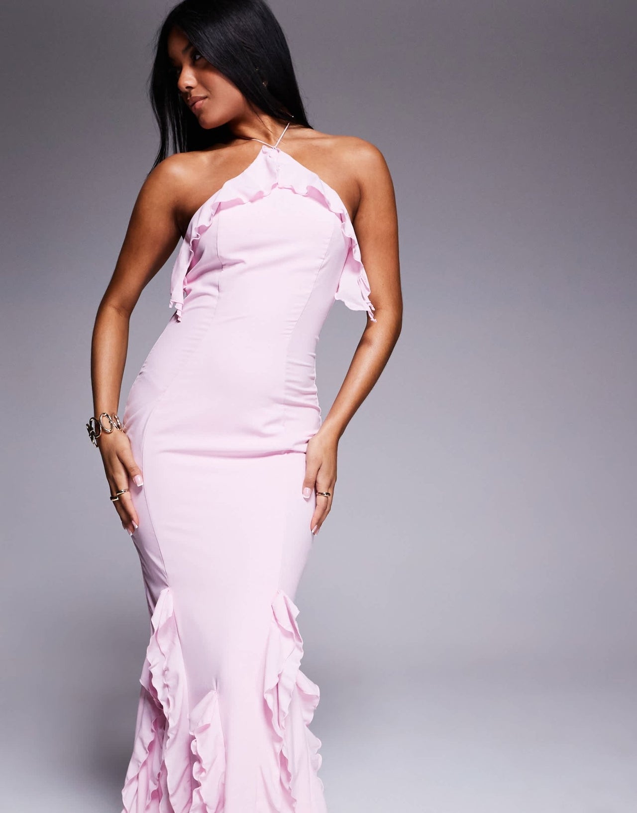 Oh Polly Miyera ruffle trim halterneck maxi dress in soft pink - ASOS Sample Sale
