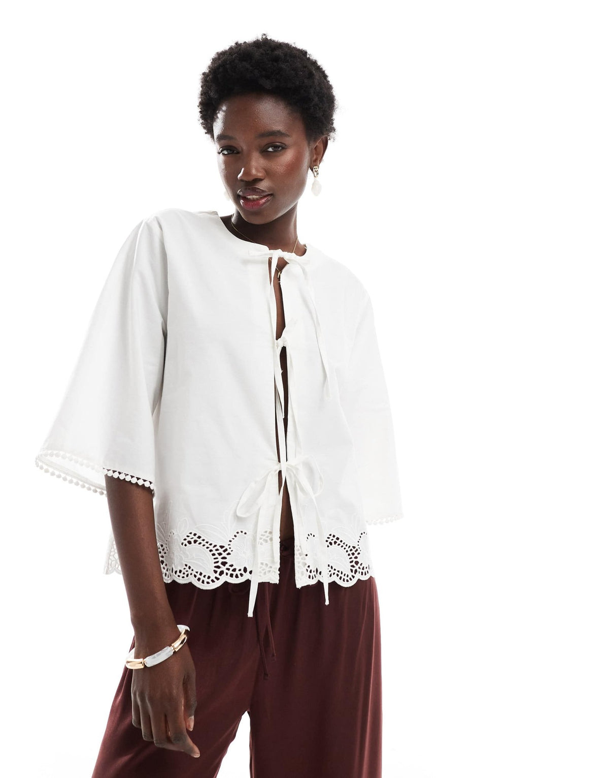 ONLY 3/4 sleeve tie front embroidered top in white - ASOS Sample Sale