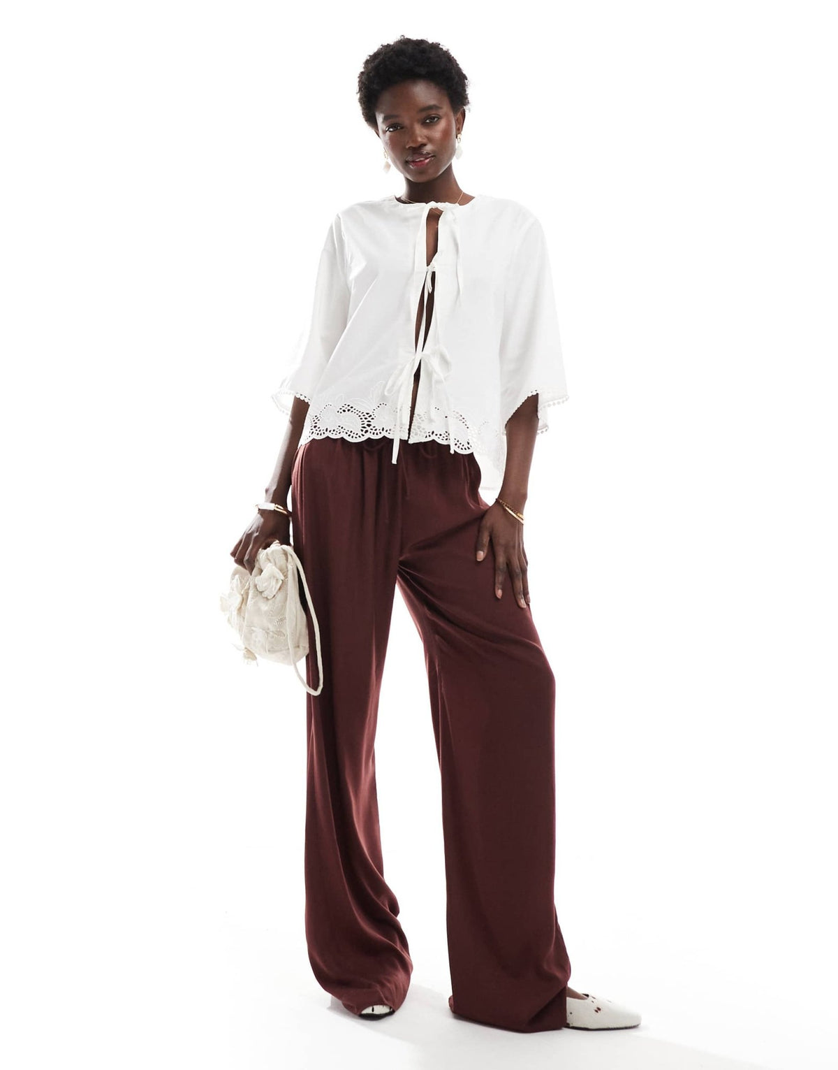 ONLY 3/4 sleeve tie front embroidered top in white - ASOS Sample Sale