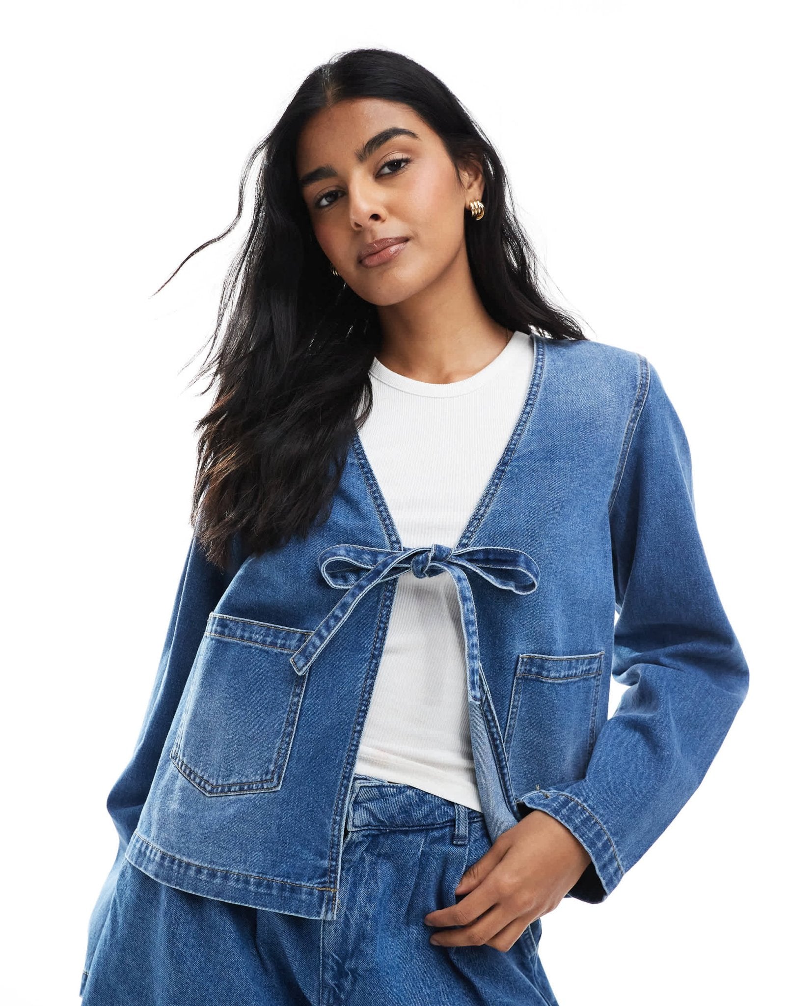 ONLY boxy tie front shacket in mid blue denim - ASOS Sample Sale