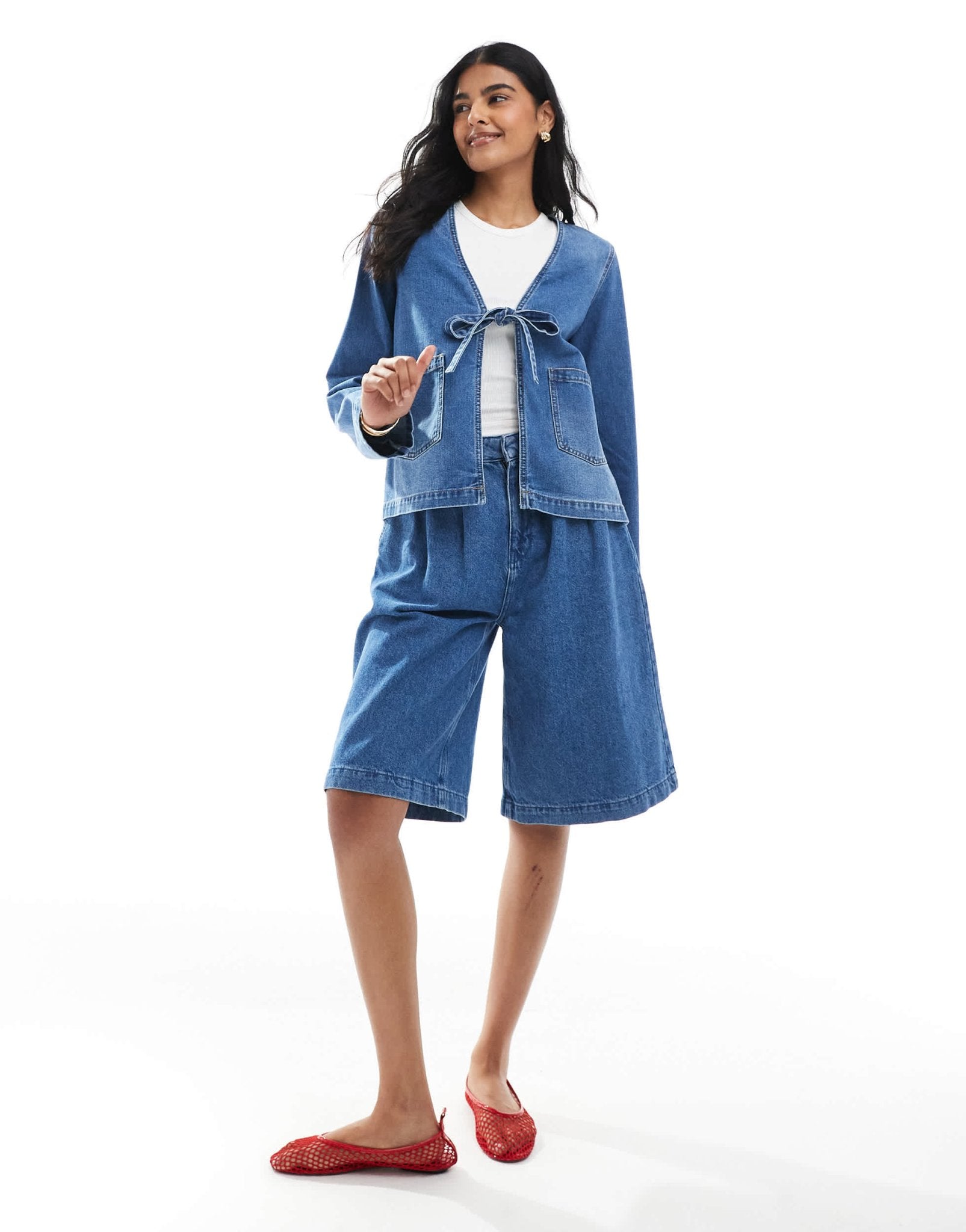 ONLY boxy tie front shacket in mid blue denim - ASOS Sample Sale