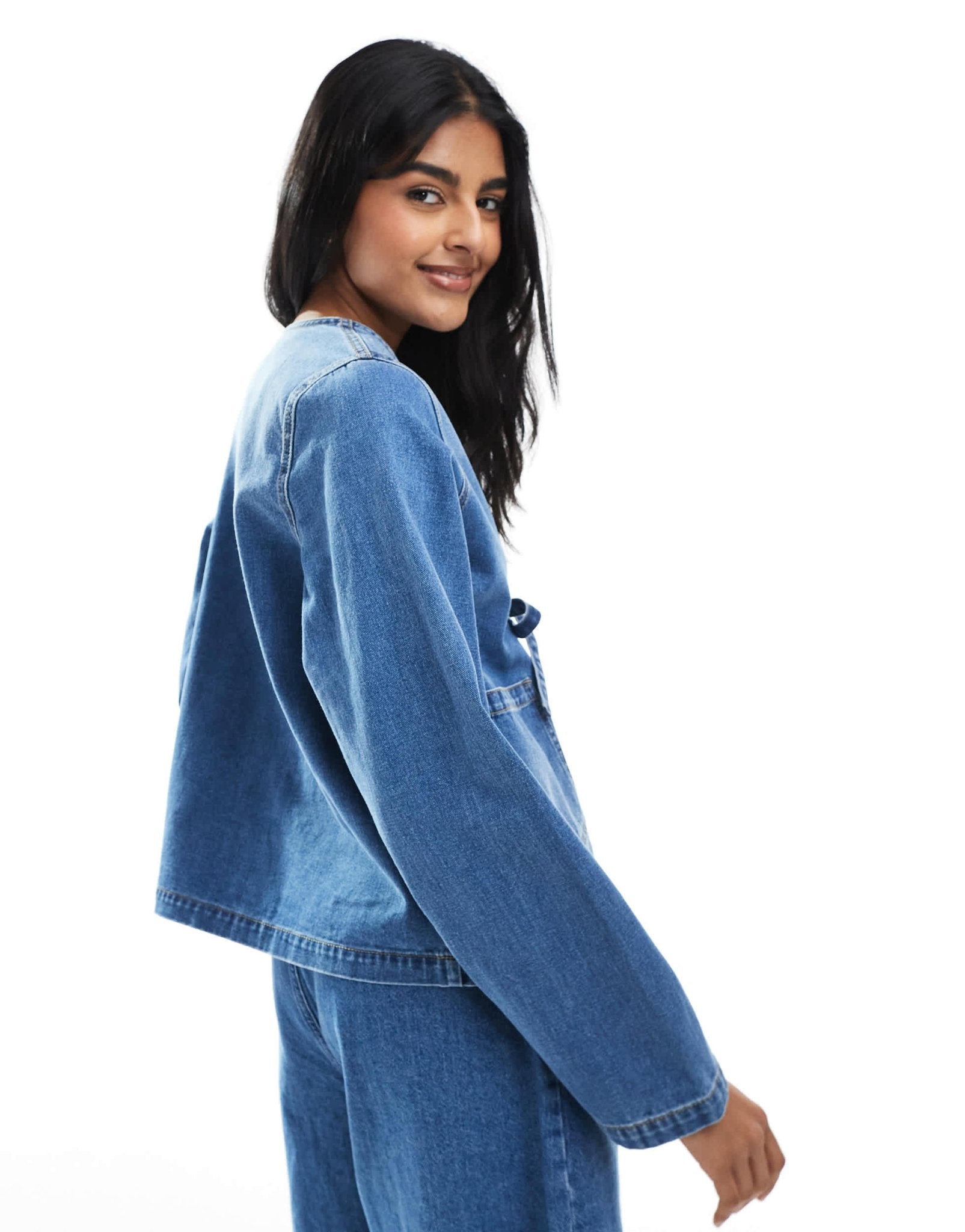 ONLY boxy tie front shacket in mid blue denim - ASOS Sample Sale