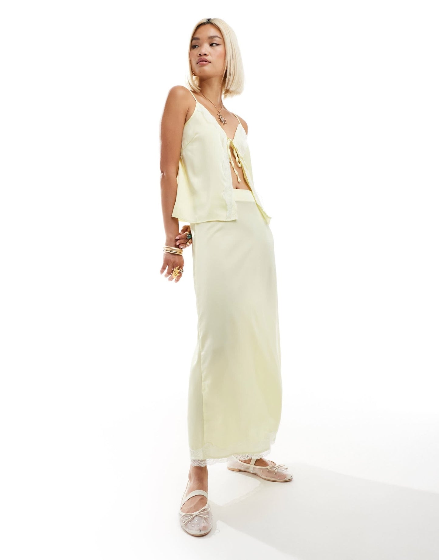 ONLY contrast lace trim satin top co - ord in lemon - ASOS Sample Sale