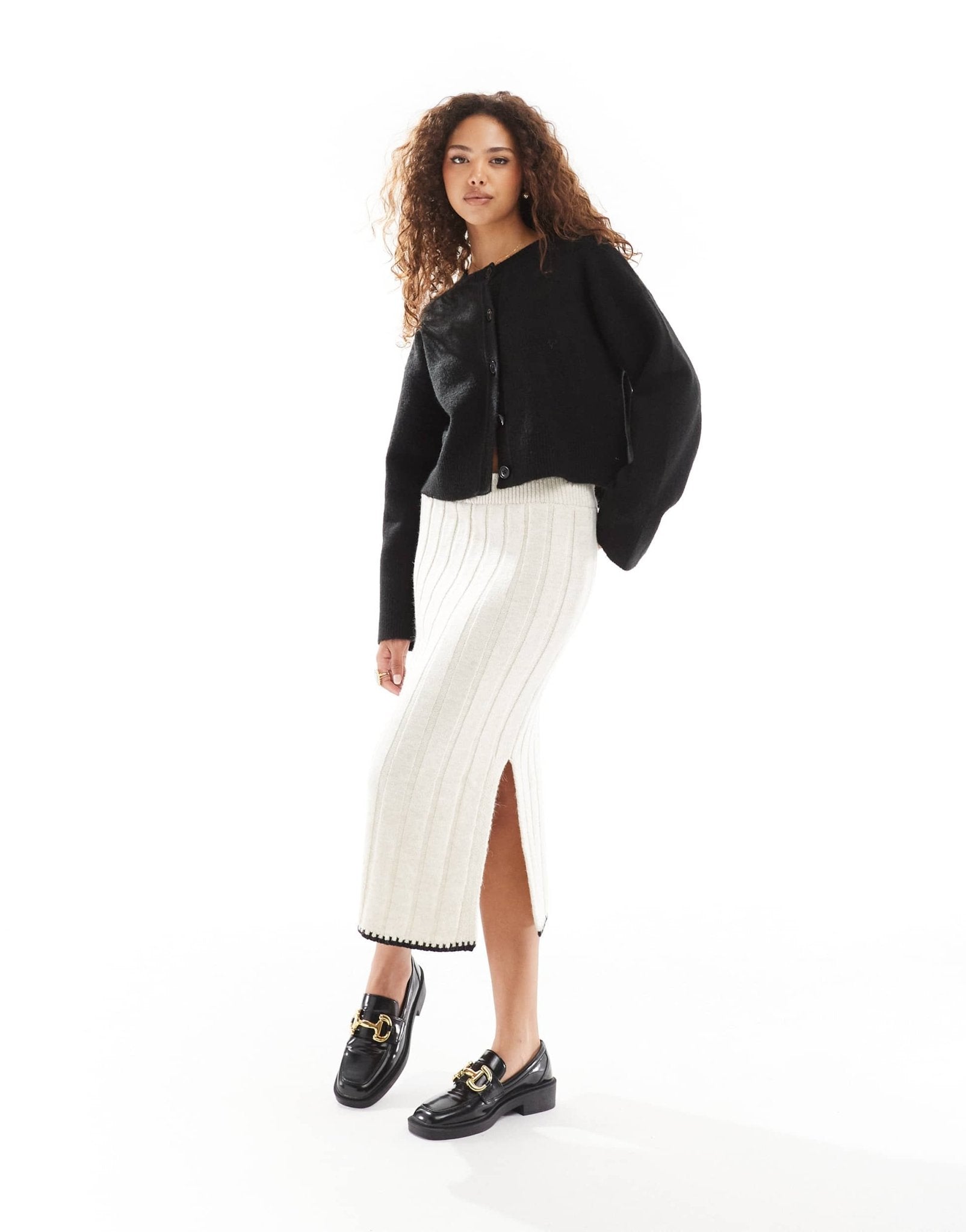 ONLY contrast trim knitted midi skirt in stone - ASOS Sample Sale