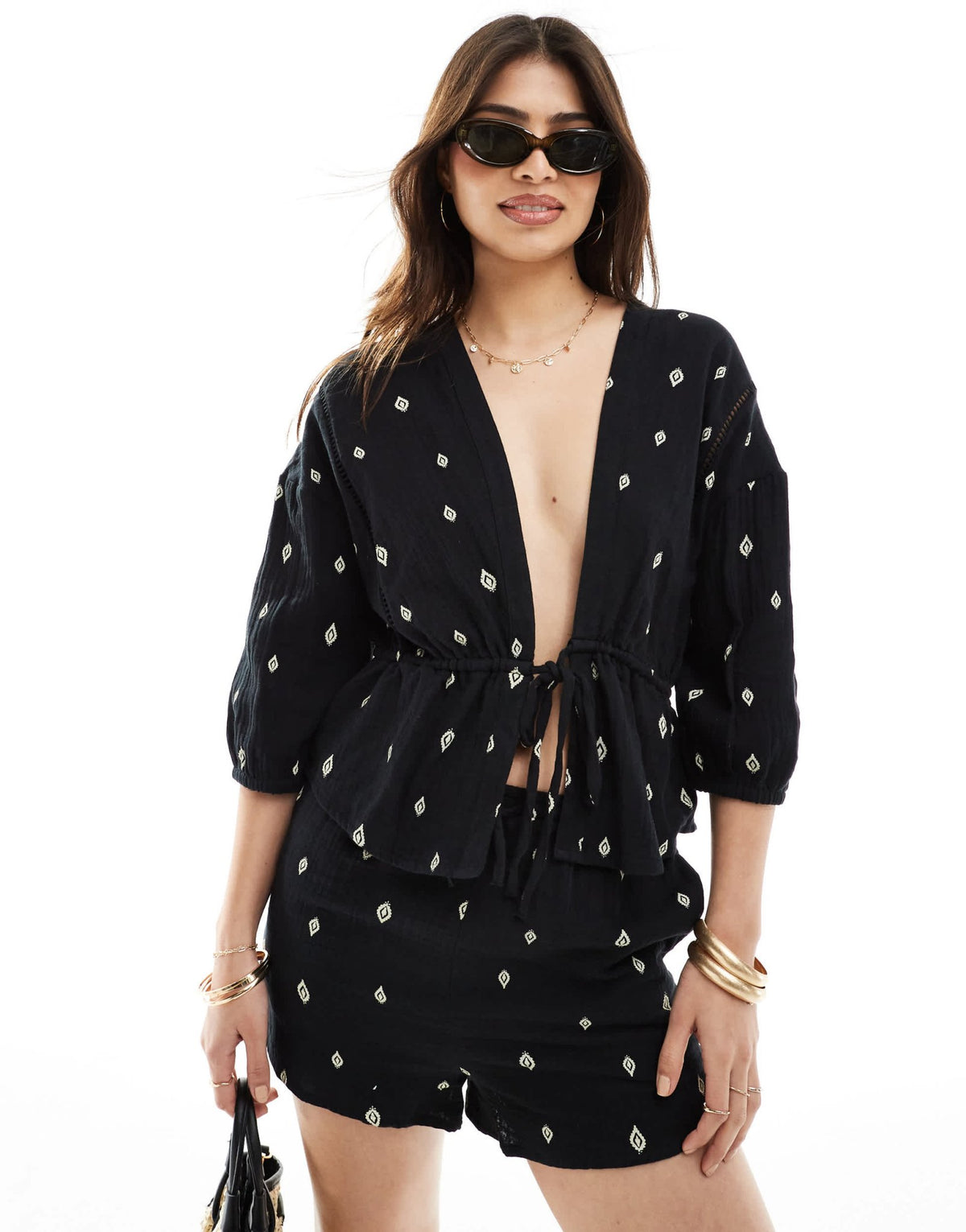 ONLY cotton tie front top co-ord with leaf print in black - ASOS Sample Sale