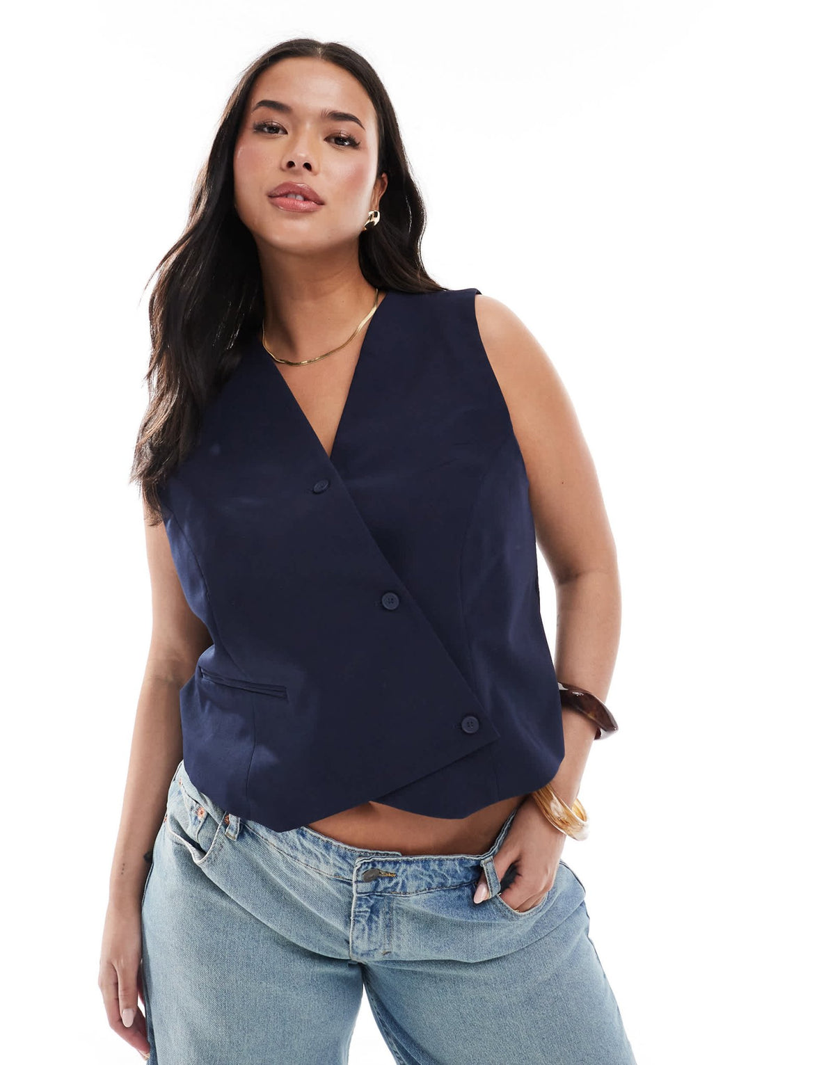 ONLY Curve asymmetric detail waistcoat in navy - ASOS Sample Sale