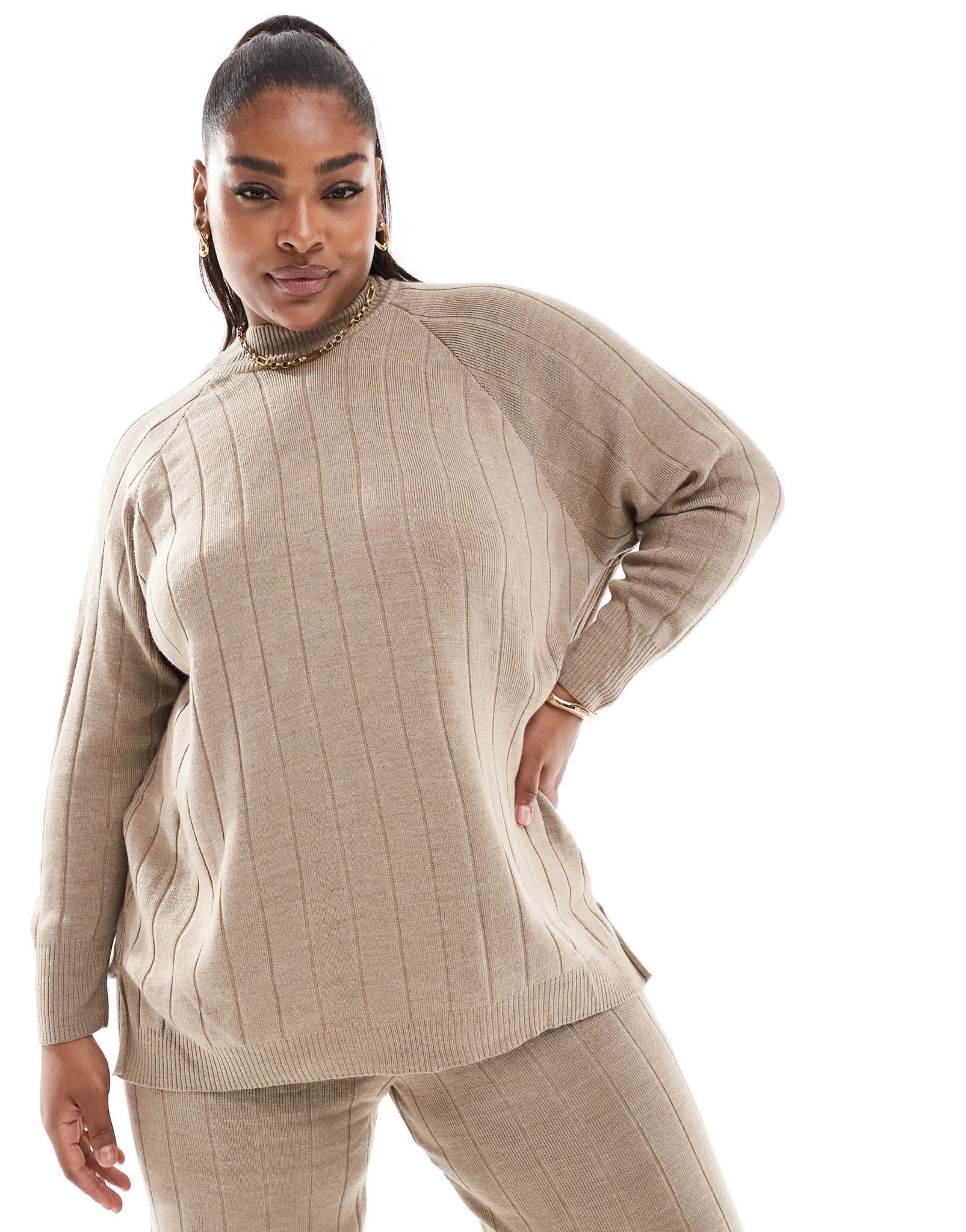 ONLY Curve high neck knitted lightweight knitted jumper co - ord in sand - ASOS Sample Sale