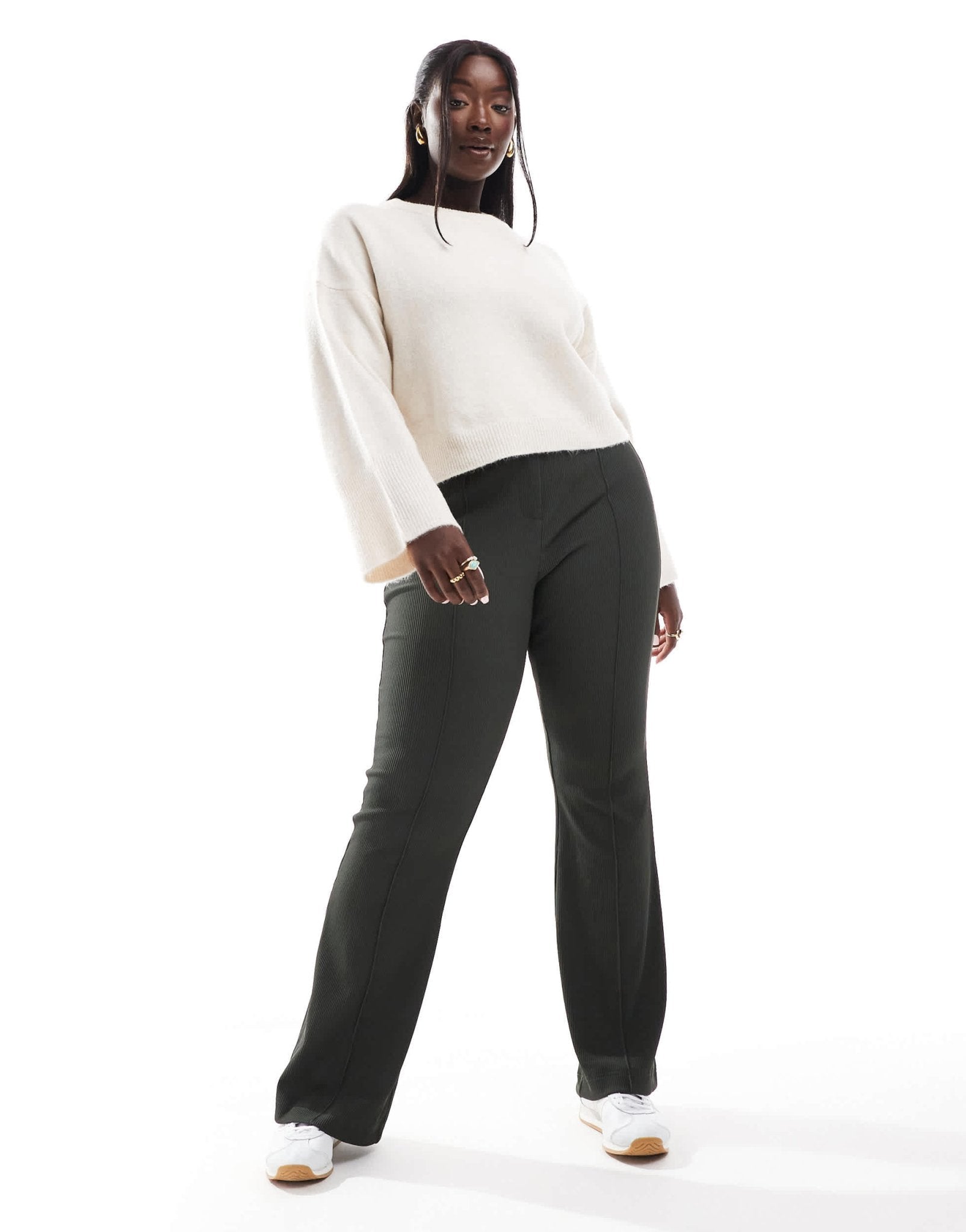 ONLY Curve high waist ribbed flared trousers in peat - ASOS Sample Sale