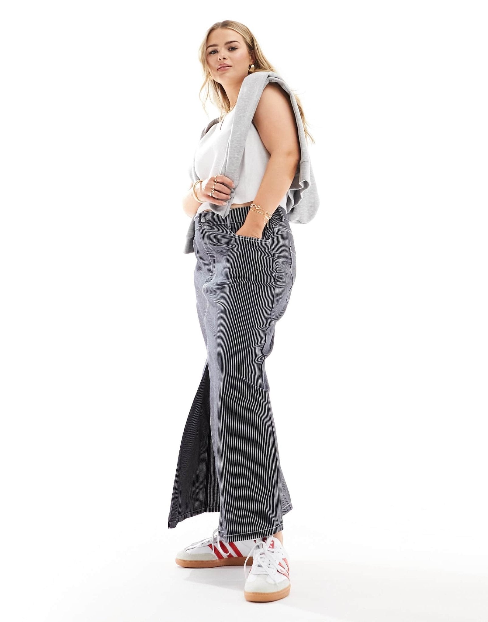 ONLY Curve lightweight denim midi skirt in navy pinstripe - ASOS Sample Sale