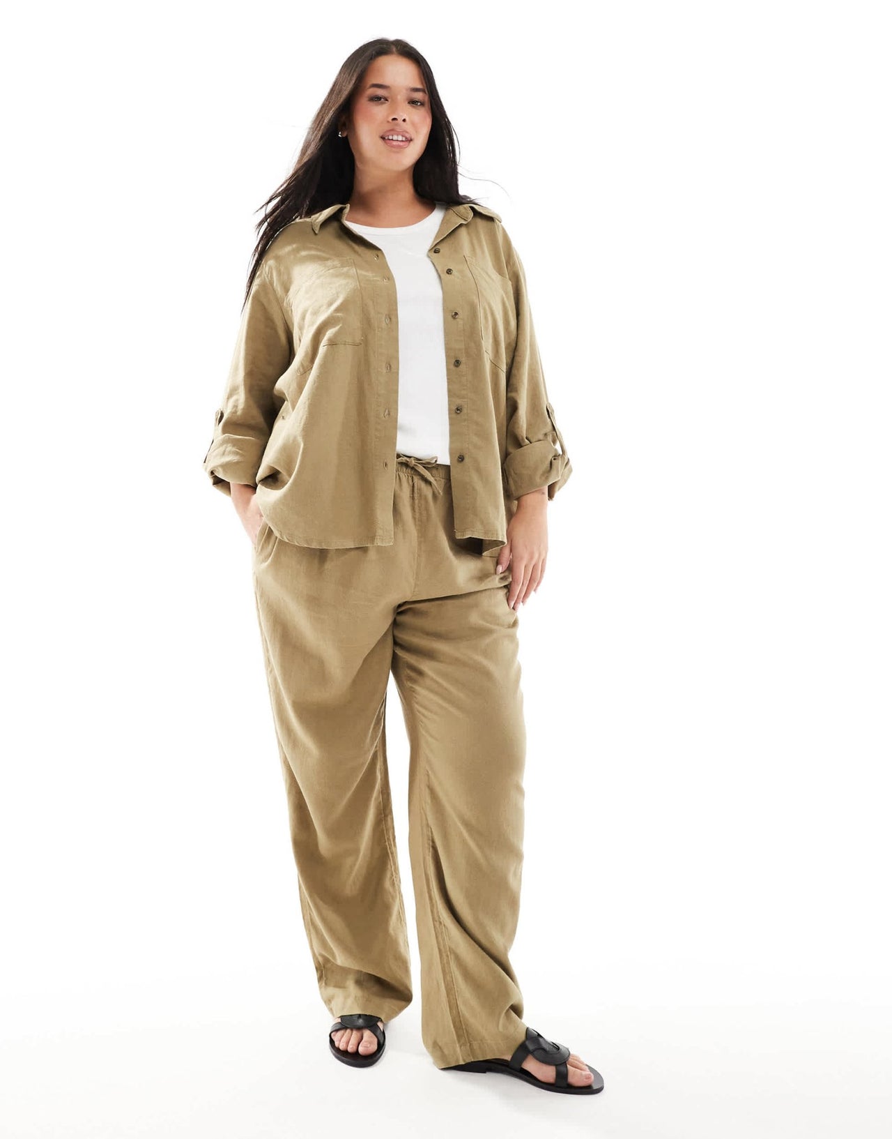 ONLY Curve linen mix pull on trousers co - ord in light khaki - ASOS Sample Sale