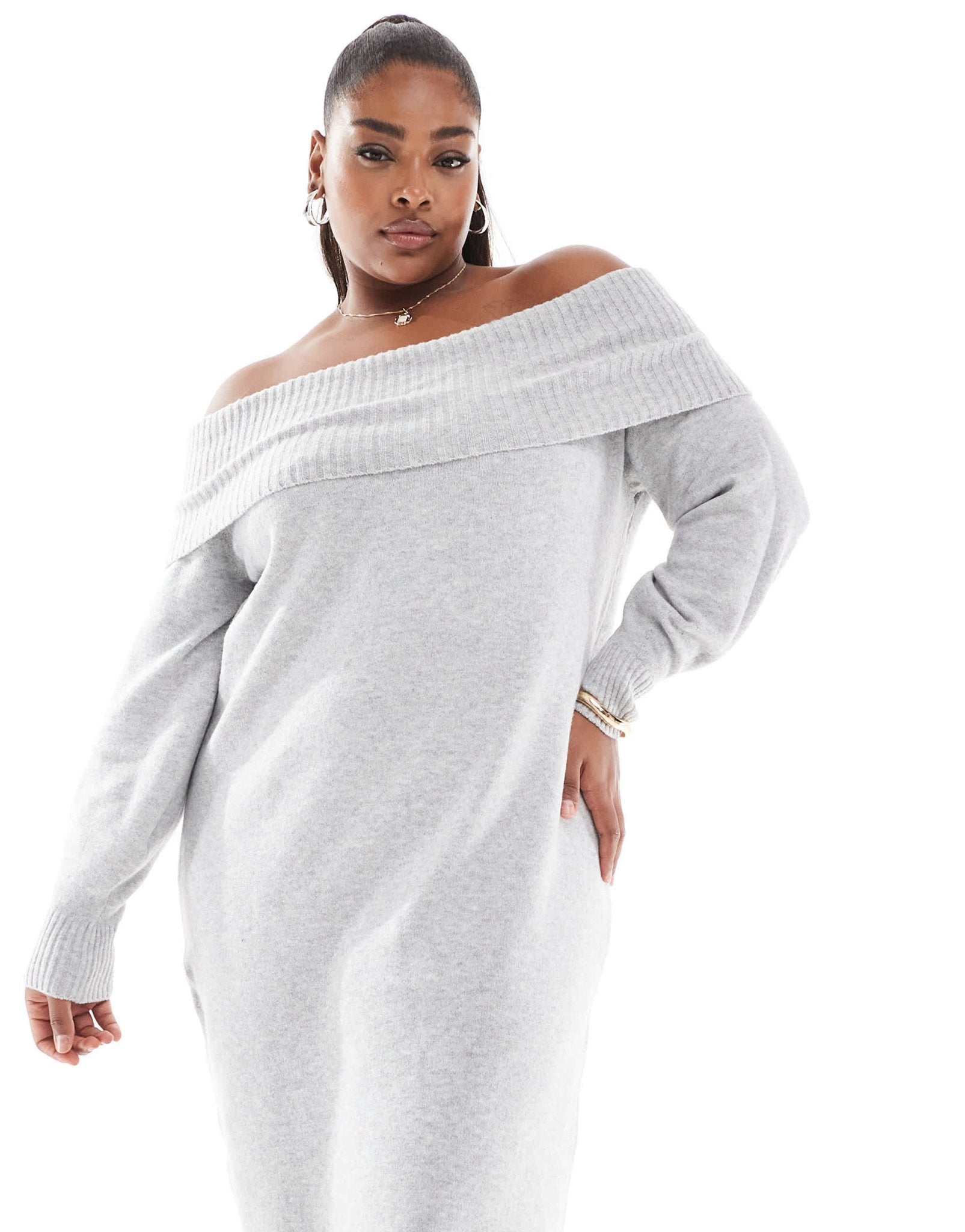 ONLY Curve off shoulder midaxi knitted dress in light grey - ASOS Sample Sale