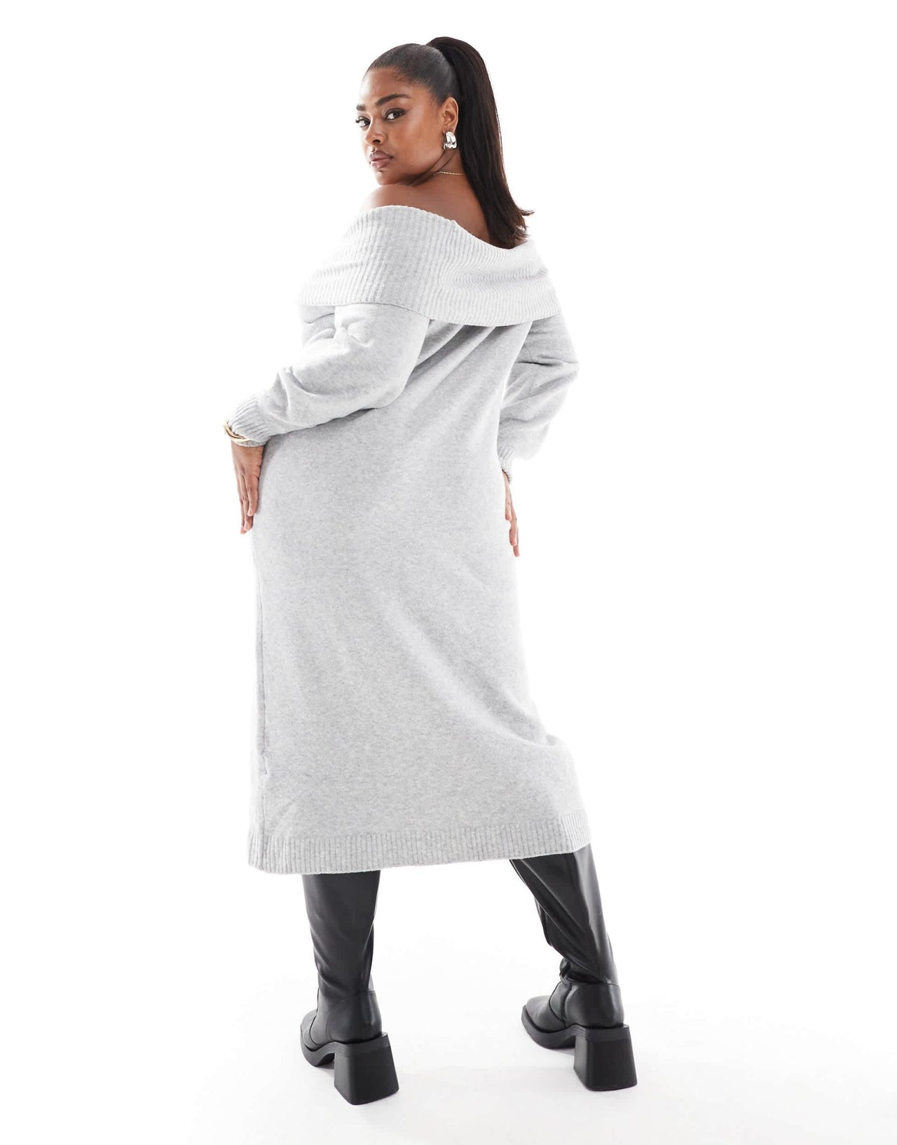 ONLY Curve off shoulder midaxi knitted dress in light grey - ASOS Sample Sale