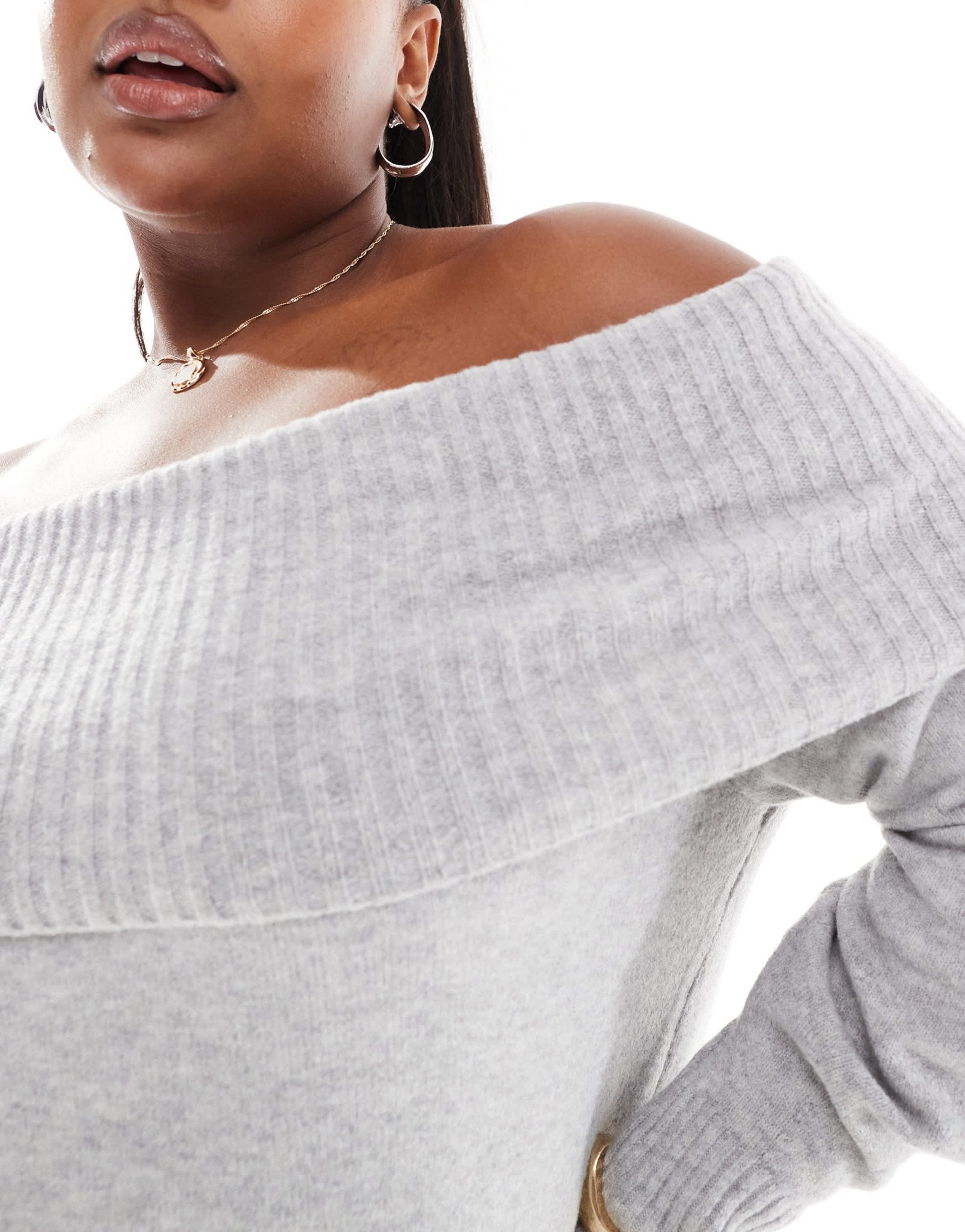 ONLY Curve off shoulder midaxi knitted dress in light grey - ASOS Sample Sale