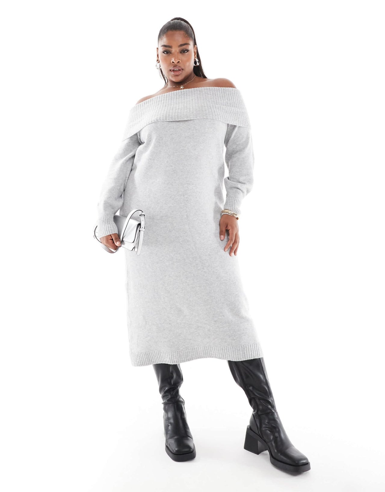 ONLY Curve off shoulder midaxi knitted dress in light grey - ASOS Sample Sale