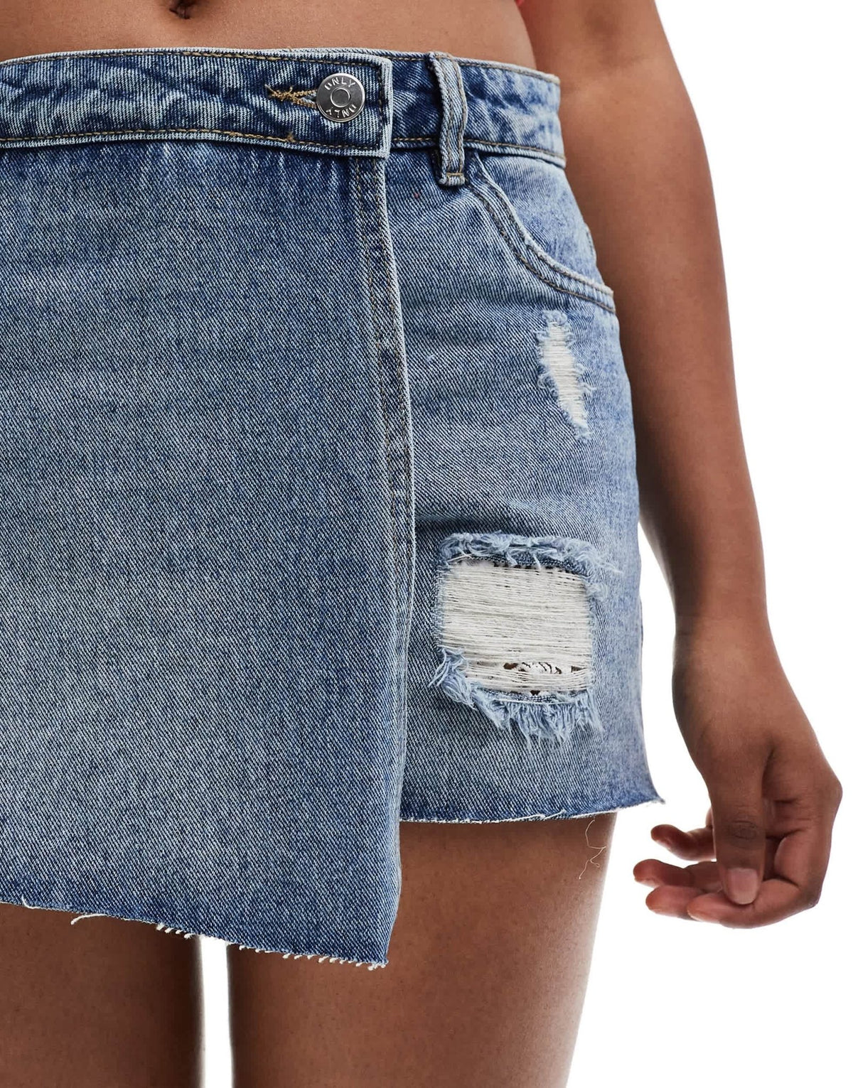 ONLY distressed denim skort in midwash blue - ASOS Sample Sale