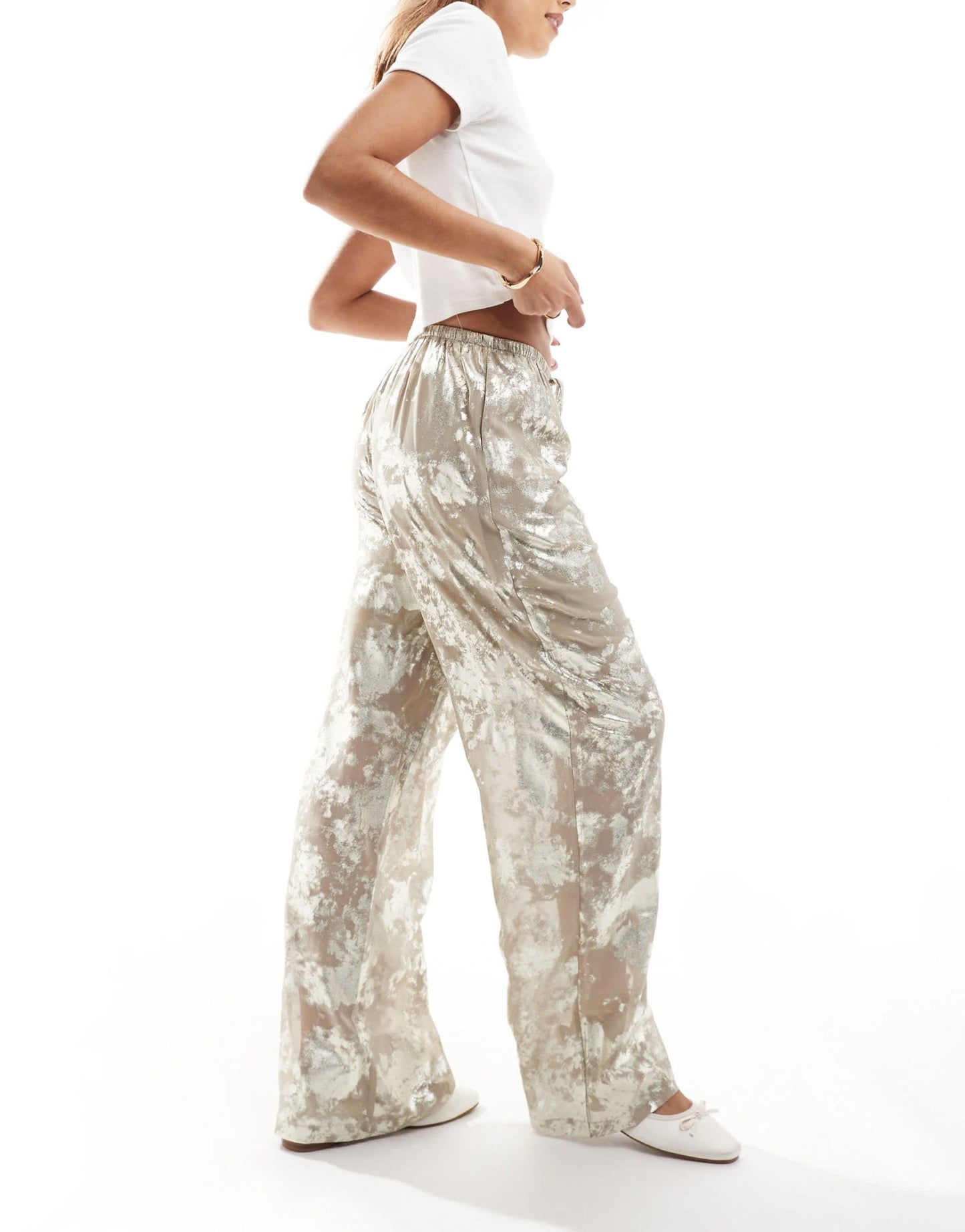 ONLY foil print wide leg trouser in beige - ASOS Sample Sale