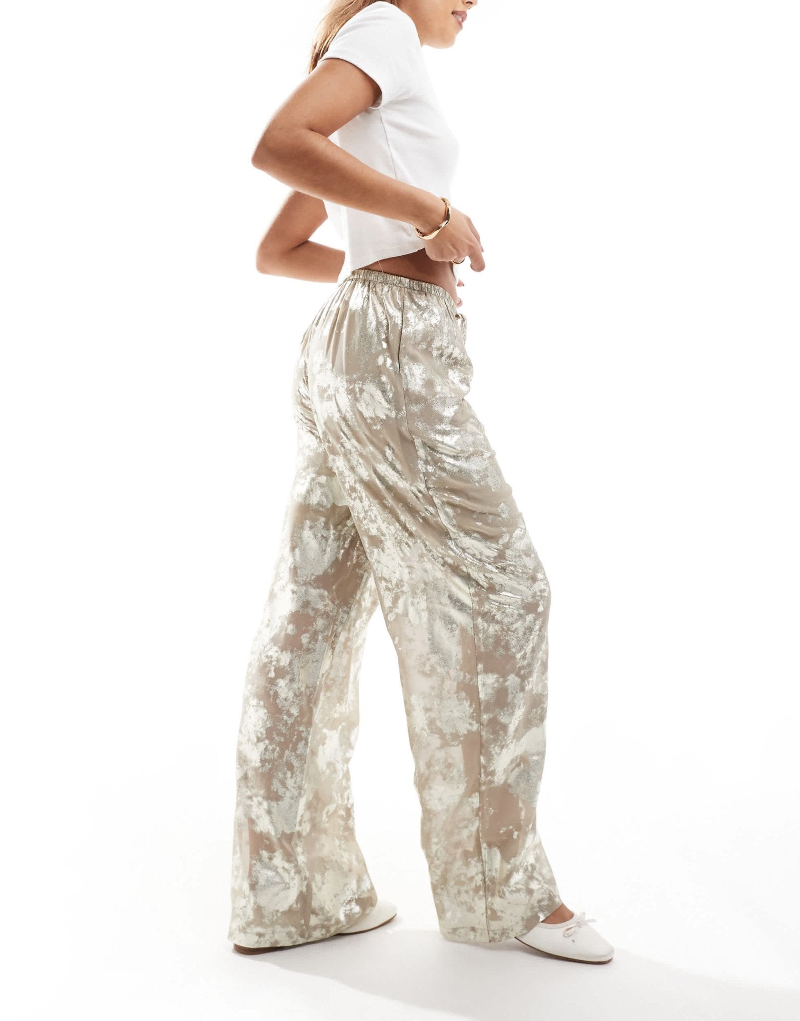 ONLY foil print wide leg trouser in beige - ASOS Sample Sale