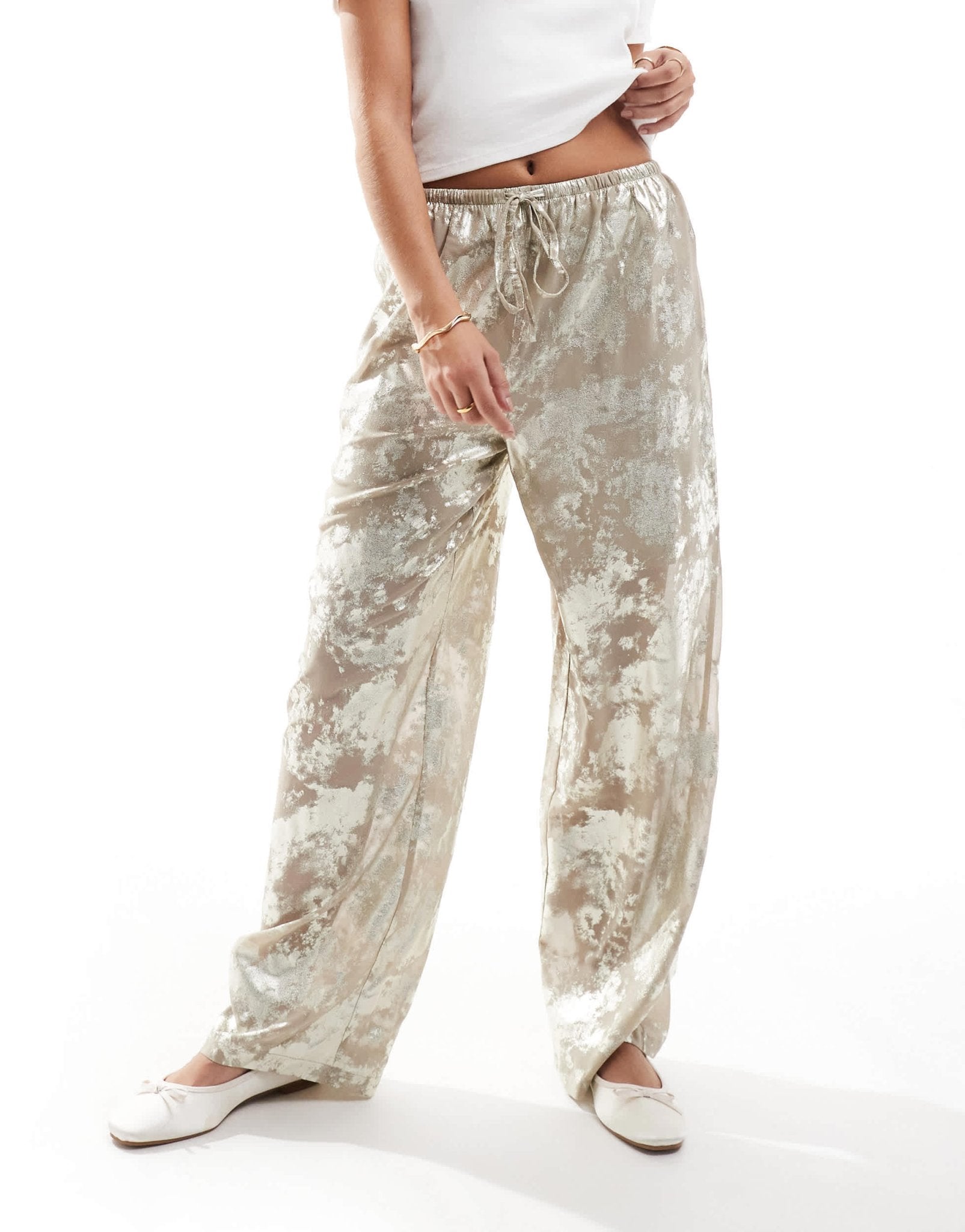 ONLY foil print wide leg trouser in beige - ASOS Sample Sale