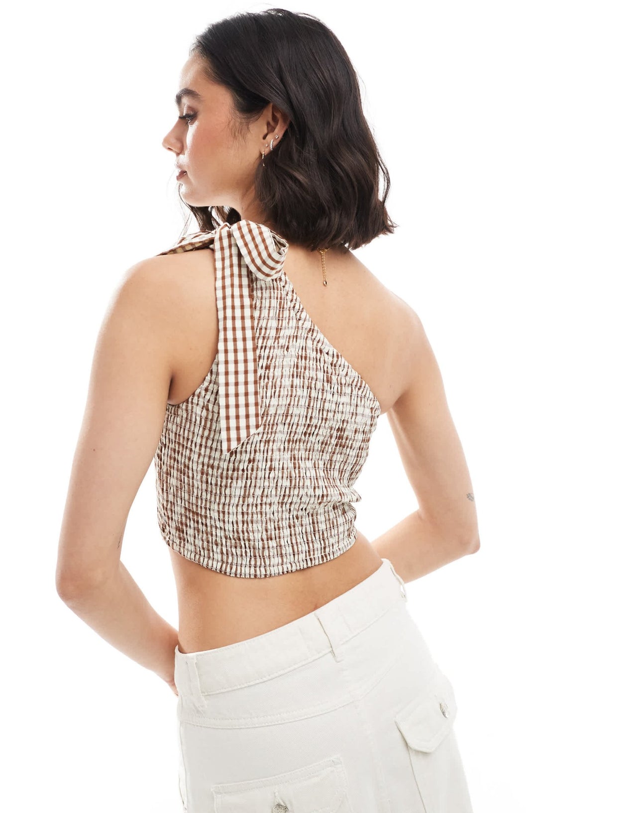 ONLY gingham asymmetric crop top in brown - ASOS Sample Sale