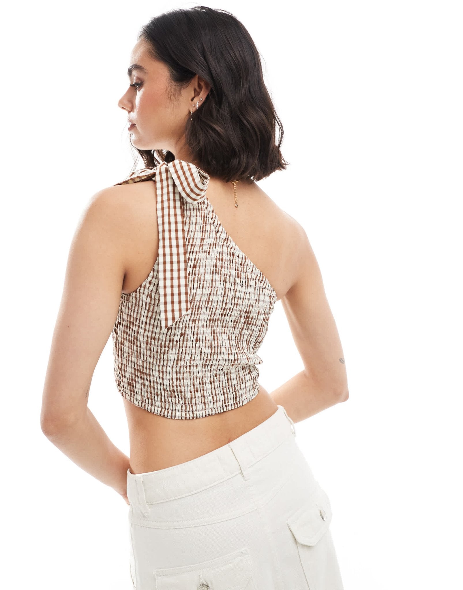 ONLY gingham asymmetric crop top in brown - ASOS Sample Sale