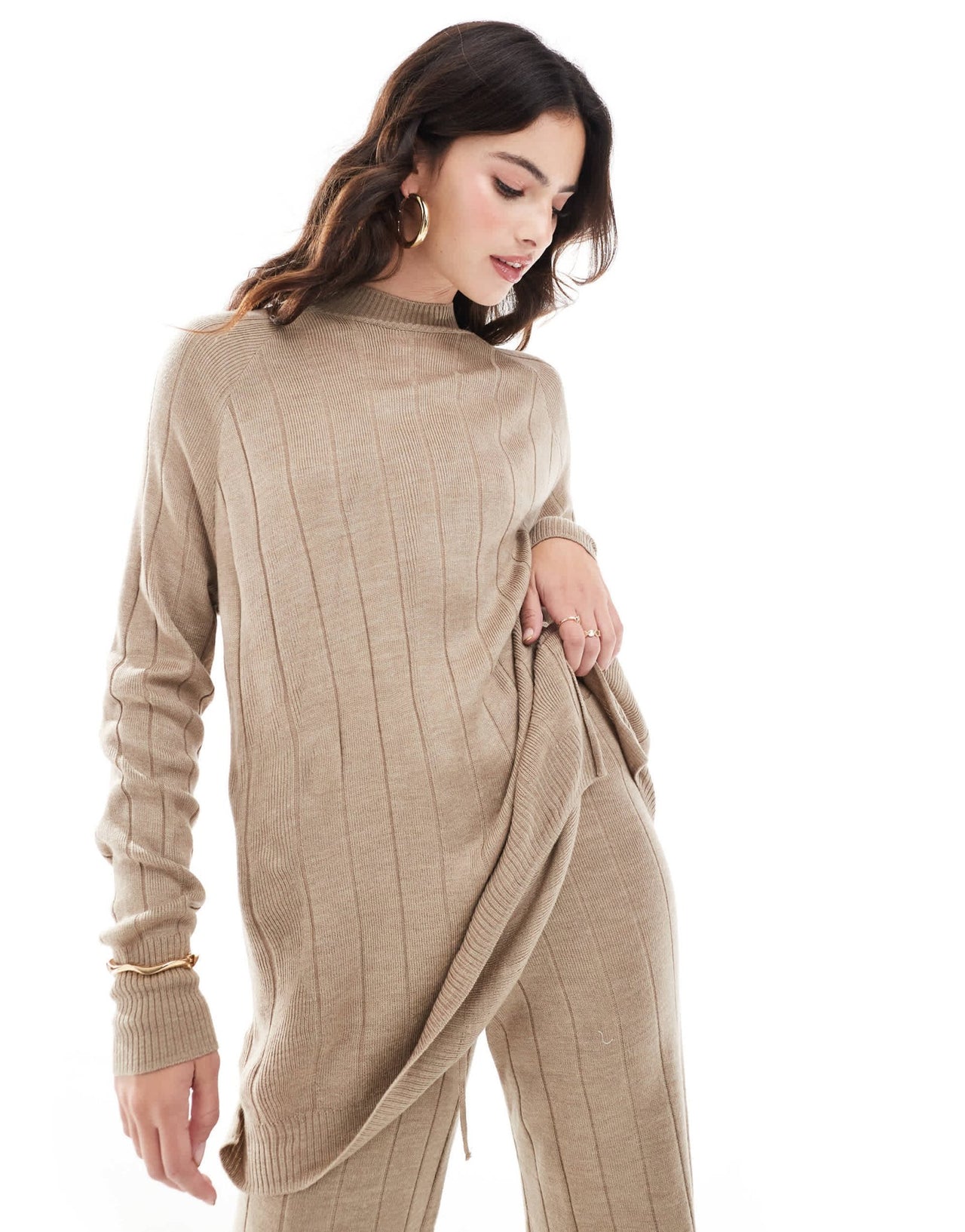ONLY high neck knitted lightweight knitted jumper co - ord in sand - ASOS Sample Sale