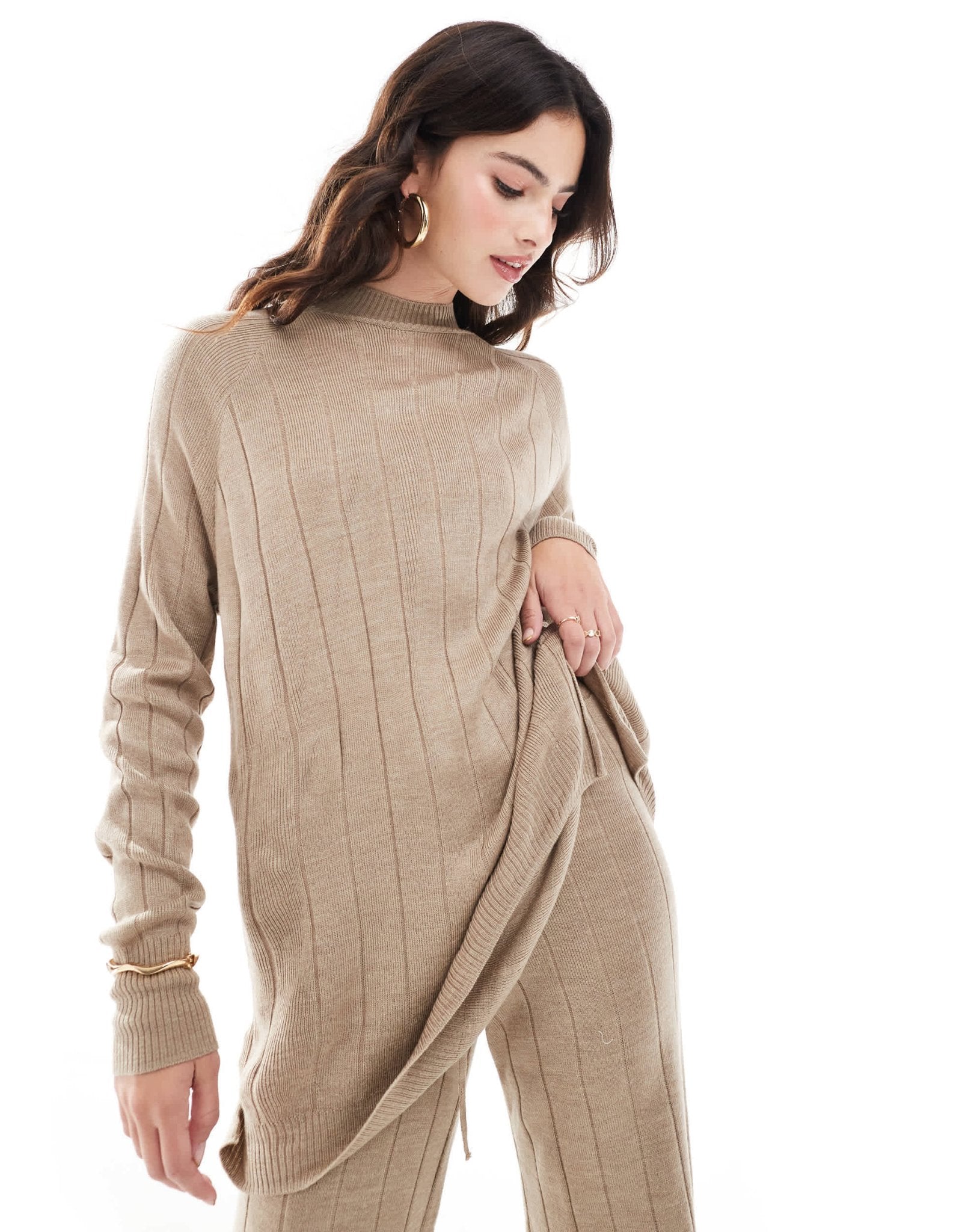 ONLY high neck knitted lightweight knitted jumper co - ord in sand - ASOS Sample Sale