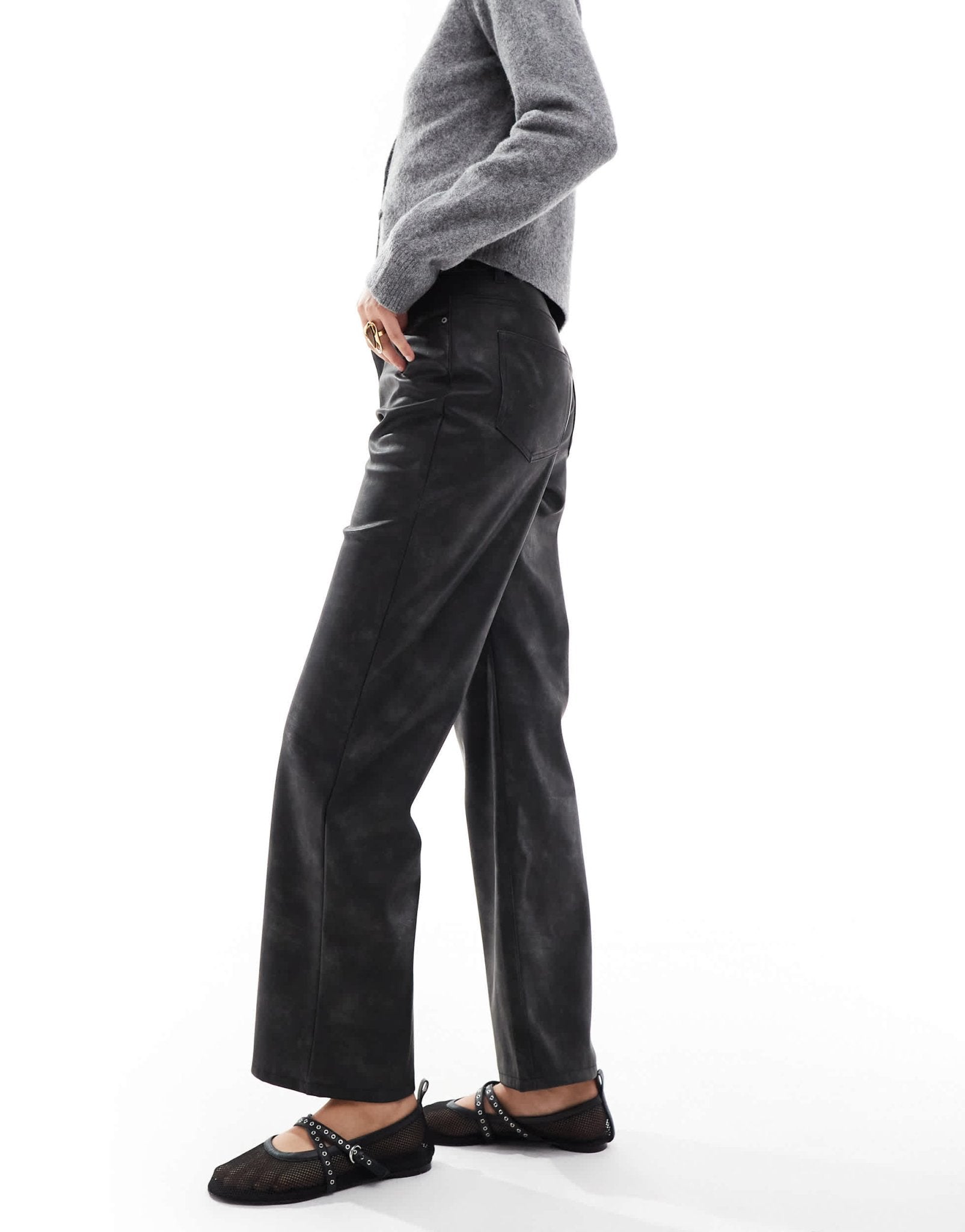 ONLY high waist faux leather straight leg trousers in washed black - ASOS Sample Sale
