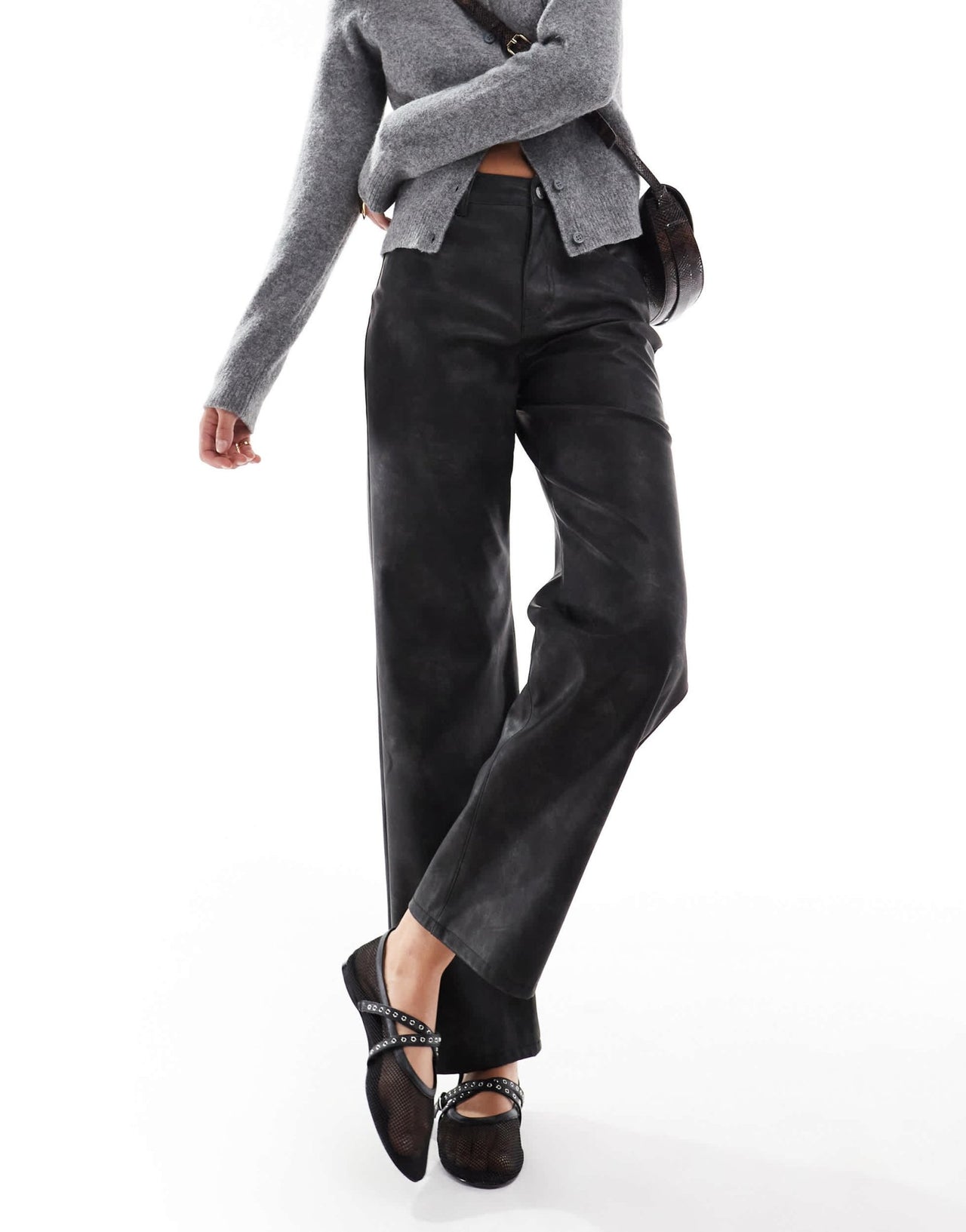 ONLY high waist faux leather straight leg trousers in washed black - ASOS Sample Sale