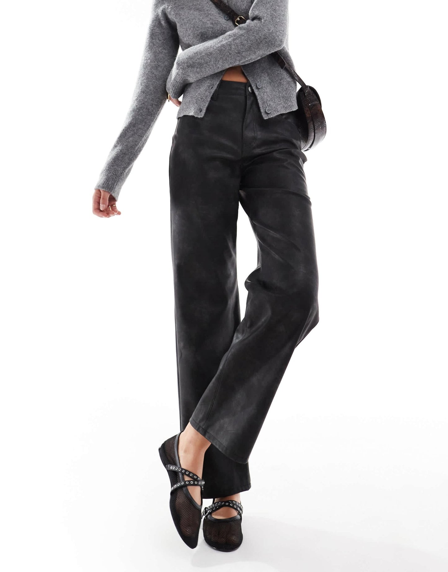 ONLY high waist faux leather straight leg trousers in washed black - ASOS Sample Sale