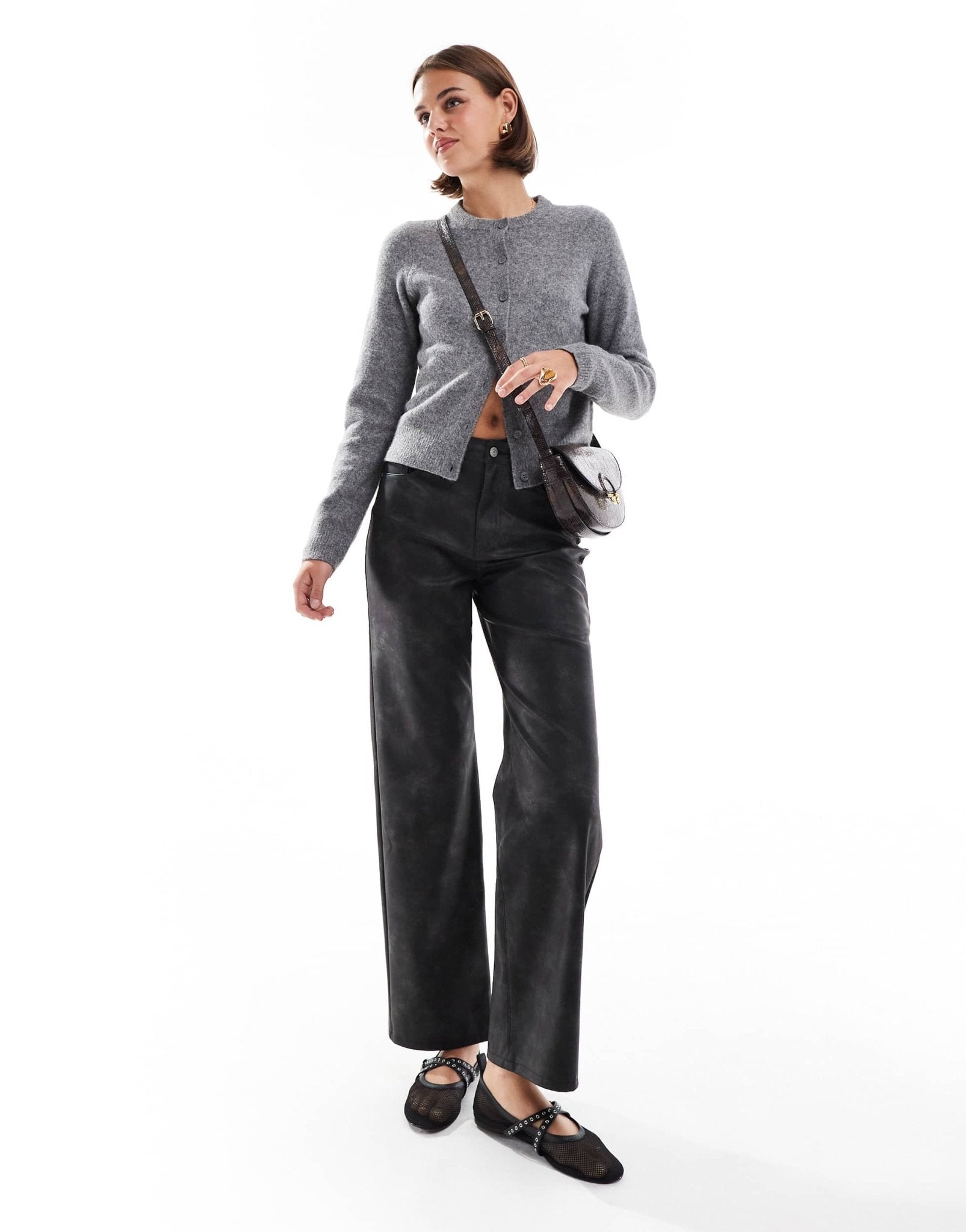ONLY high waist faux leather straight leg trousers in washed black - ASOS Sample Sale