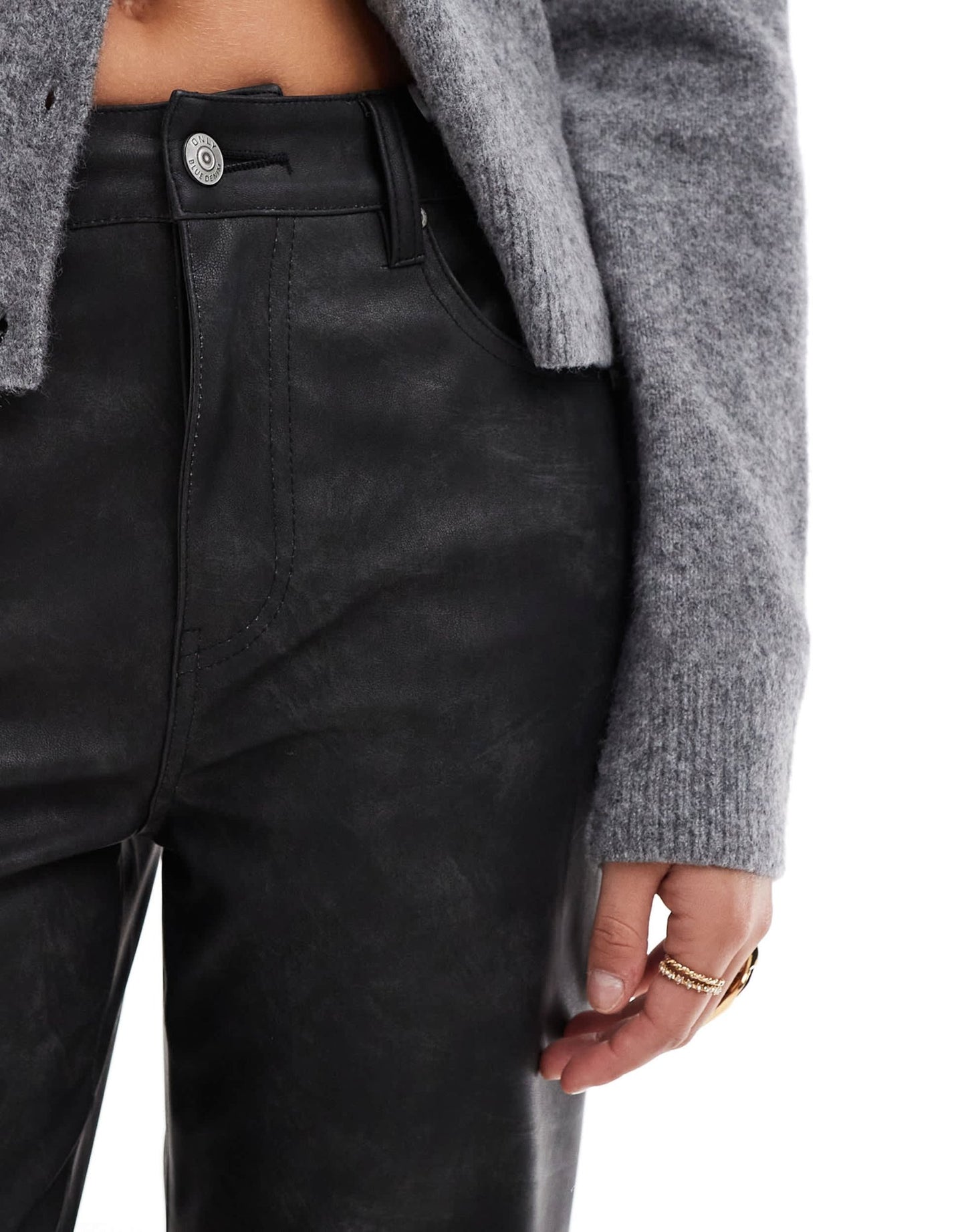 ONLY high waist faux leather straight leg trousers in washed black - ASOS Sample Sale