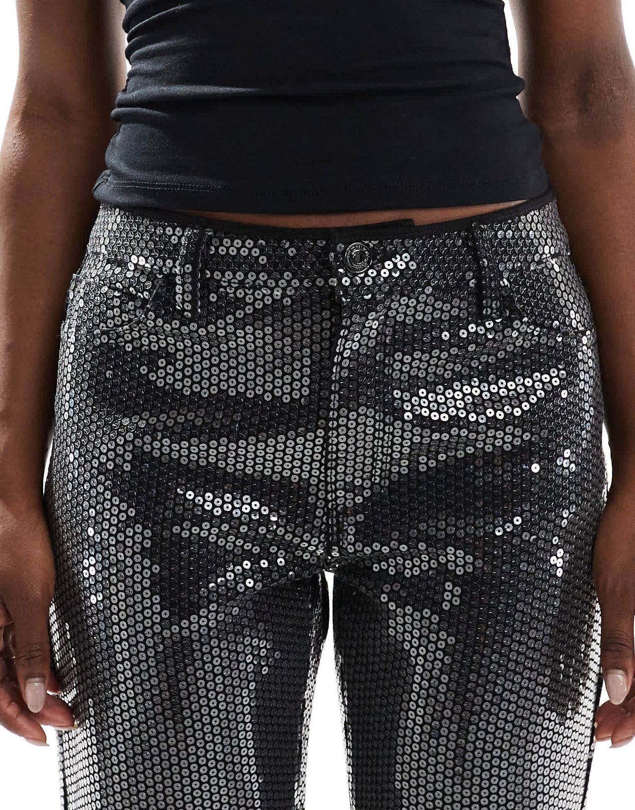 ONLY Jaci mid waist straight leg jeans in black sequin - ASOS Sample Sale