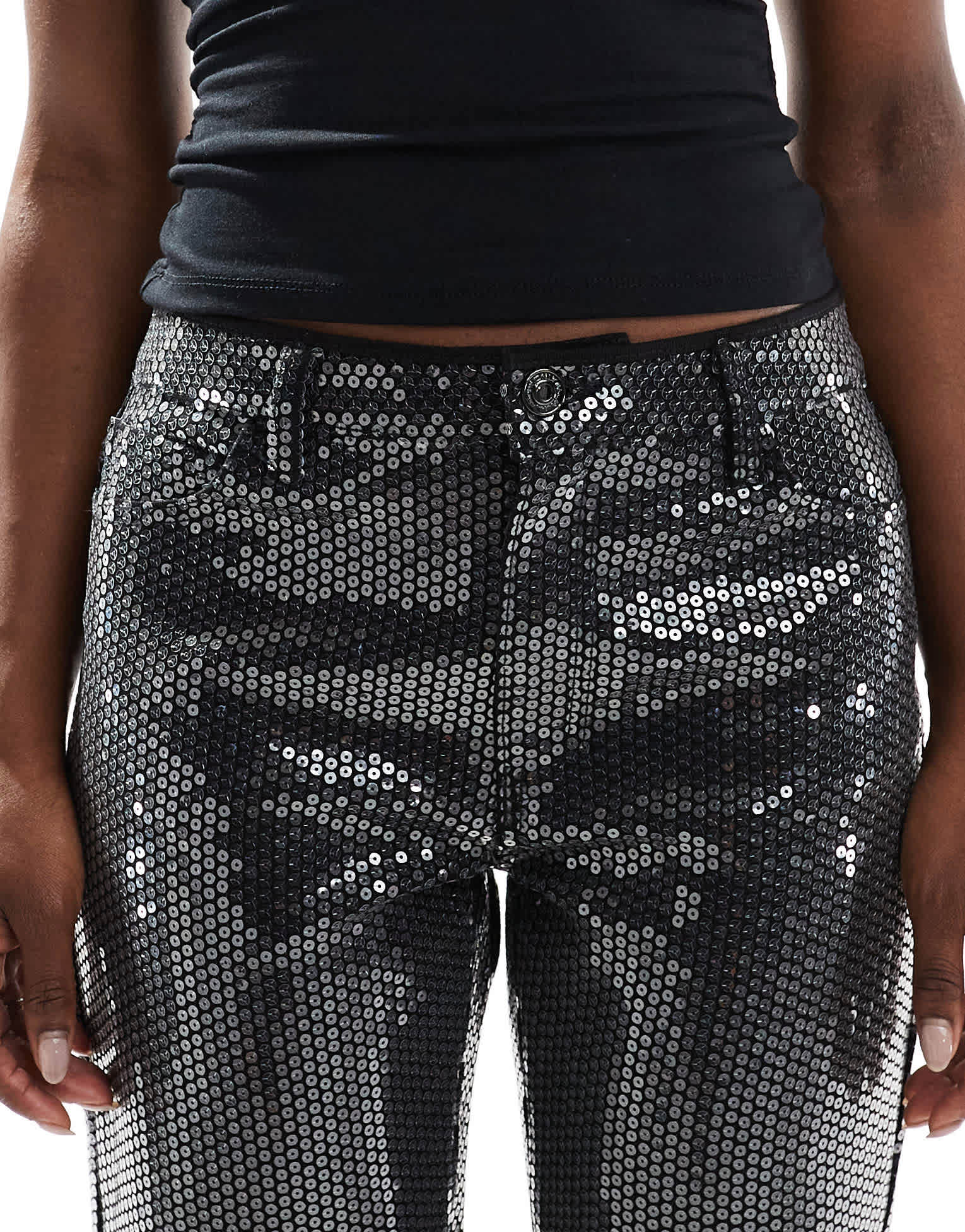 ONLY Jaci mid waist straight leg jeans in black sequin - ASOS Sample Sale