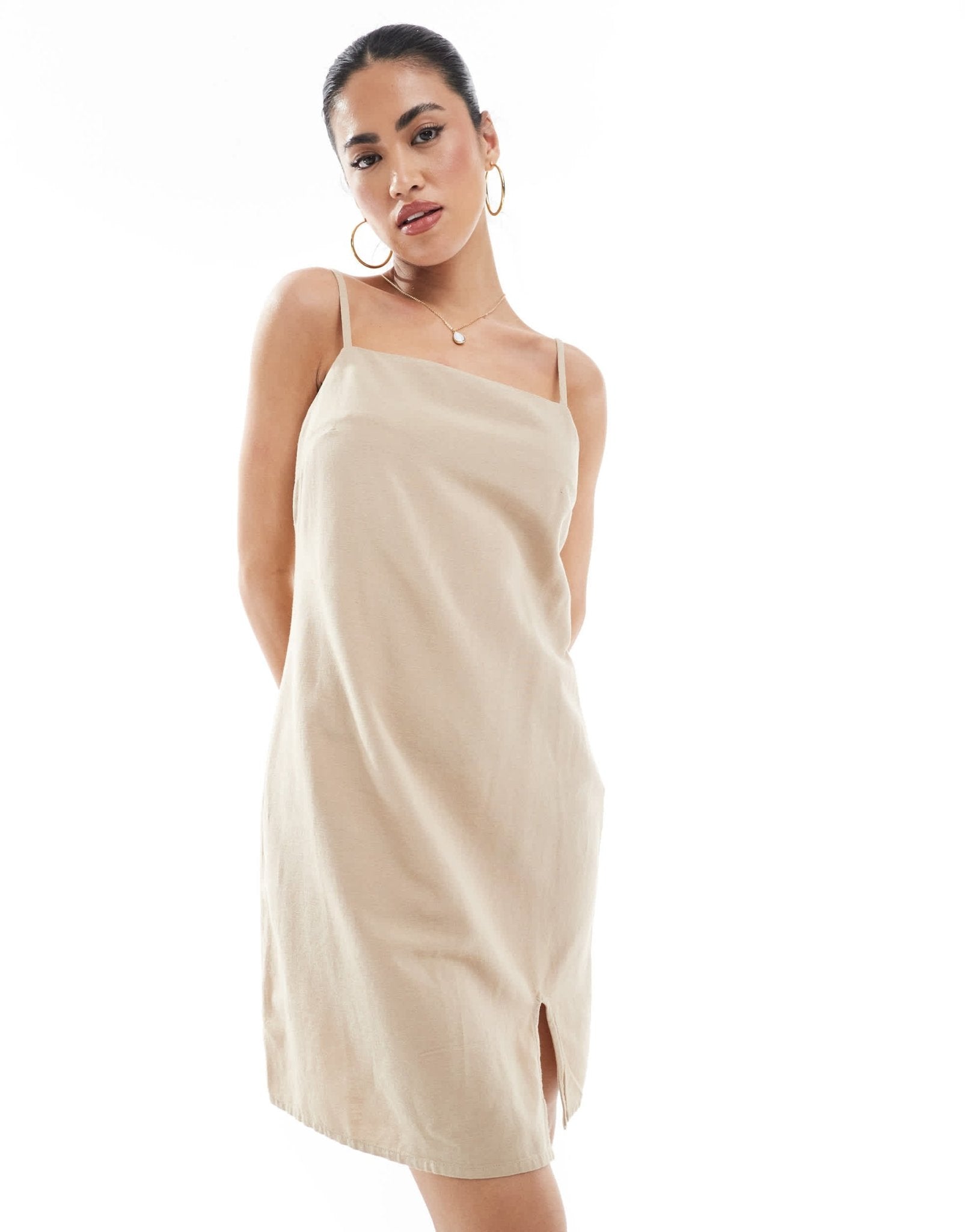 ONLY linen blend cami mini dress in beige - ASOS Sample Sale