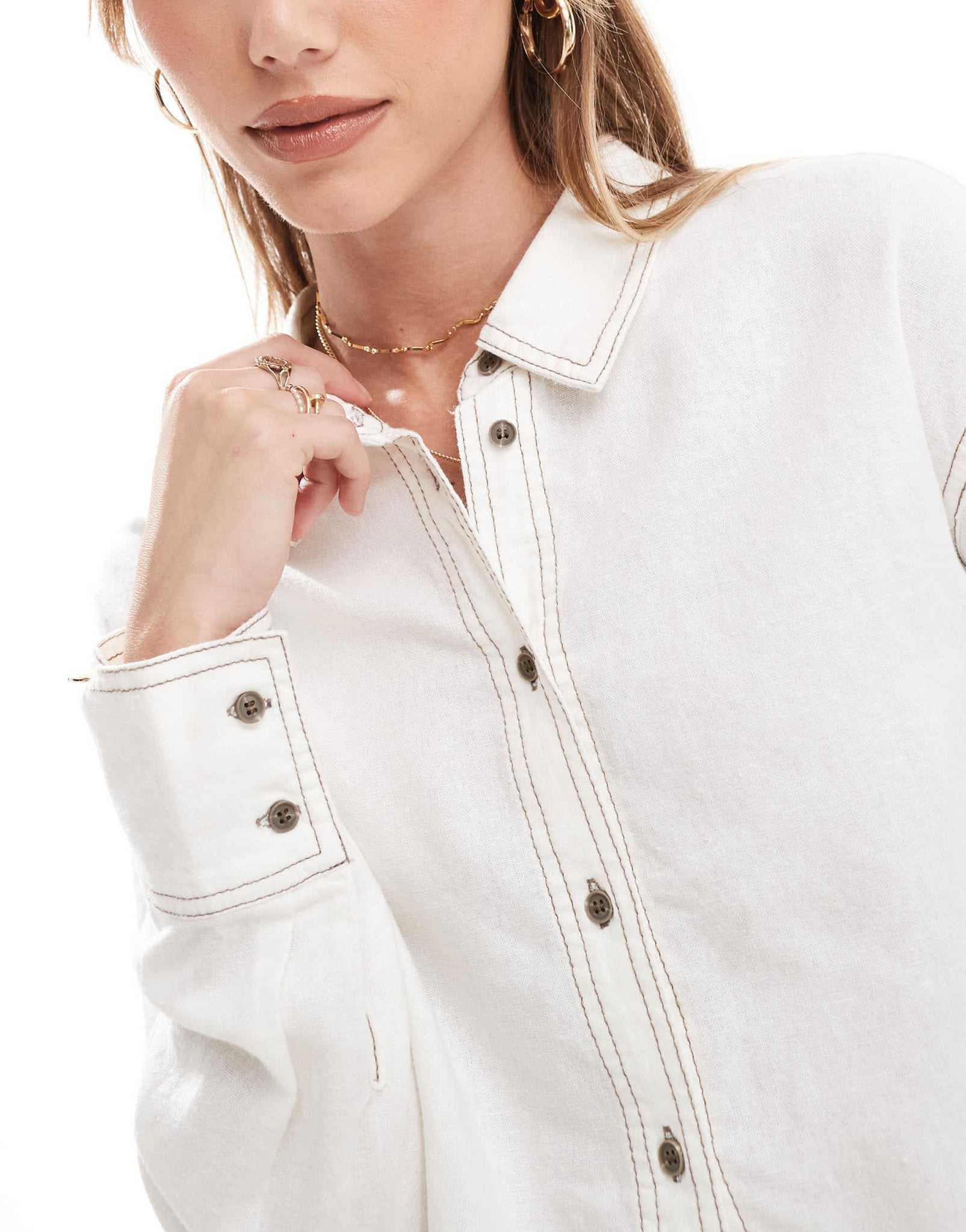 ONLY linen blend cropped shirt co-ord with contrast stitch in white - ASOS Sample Sale