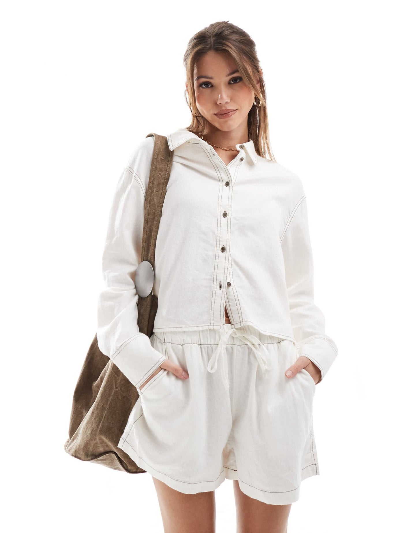 ONLY linen blend cropped shirt co-ord with contrast stitch in white - ASOS Sample Sale