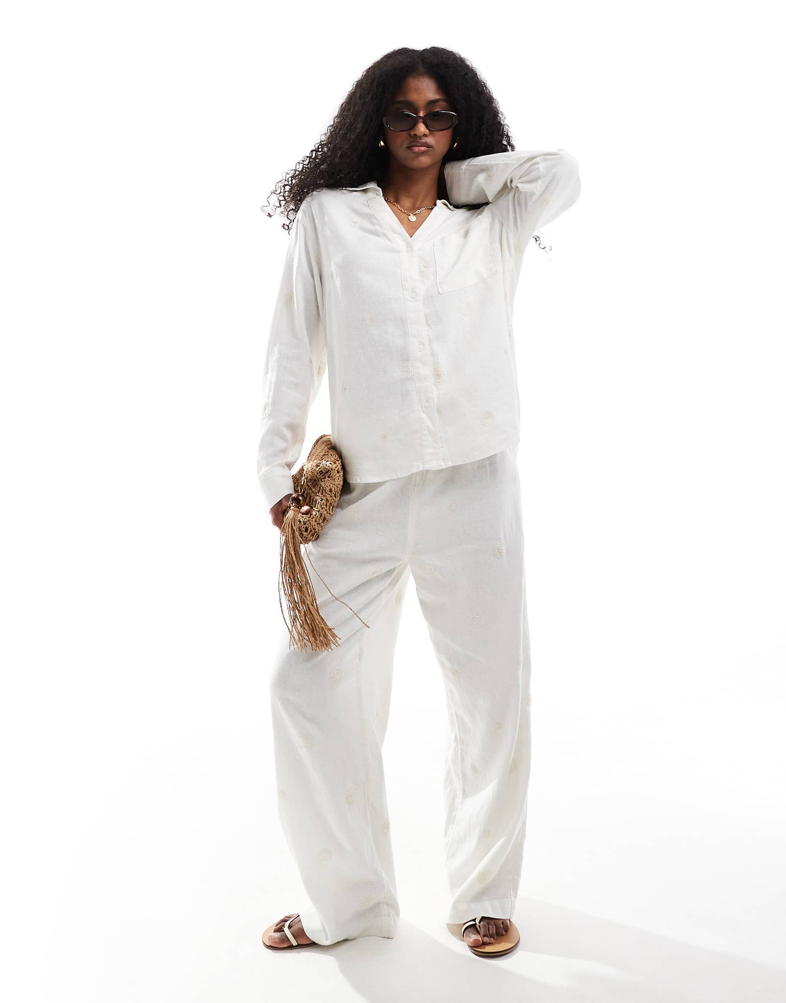 ONLY linen embroidered long sleeve shirt co - ord in white - ASOS Sample Sale