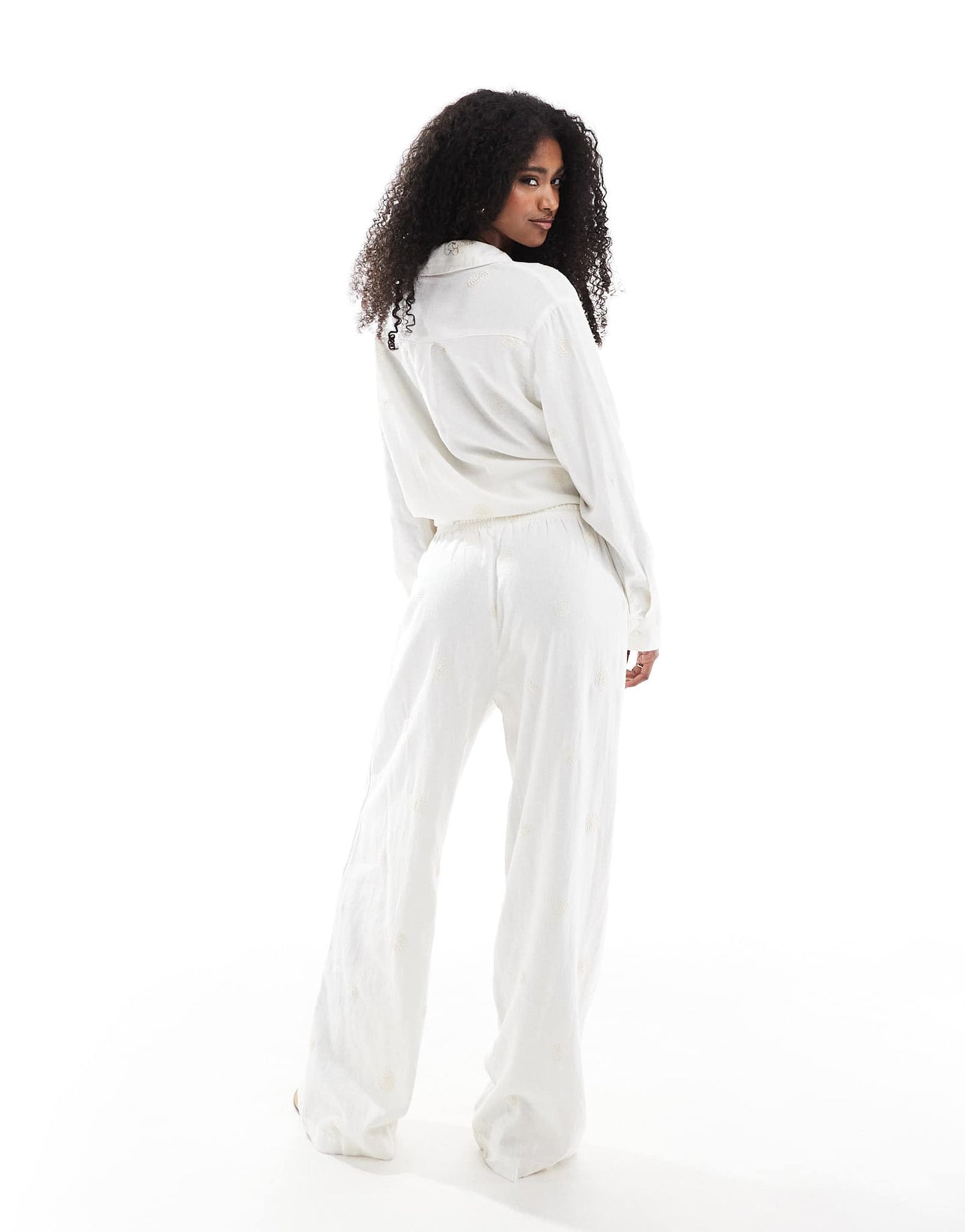 ONLY linen embroidered wide leg pull on trousers co-ord in white - ASOS Sample Sale