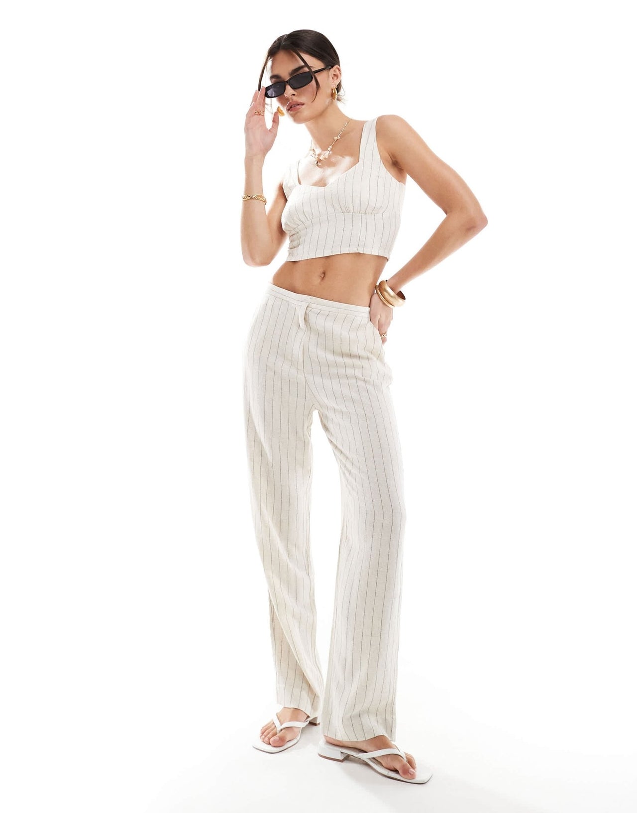 ONLY linen mix cropped top co - ord in stone pinstripe - ASOS Sample Sale