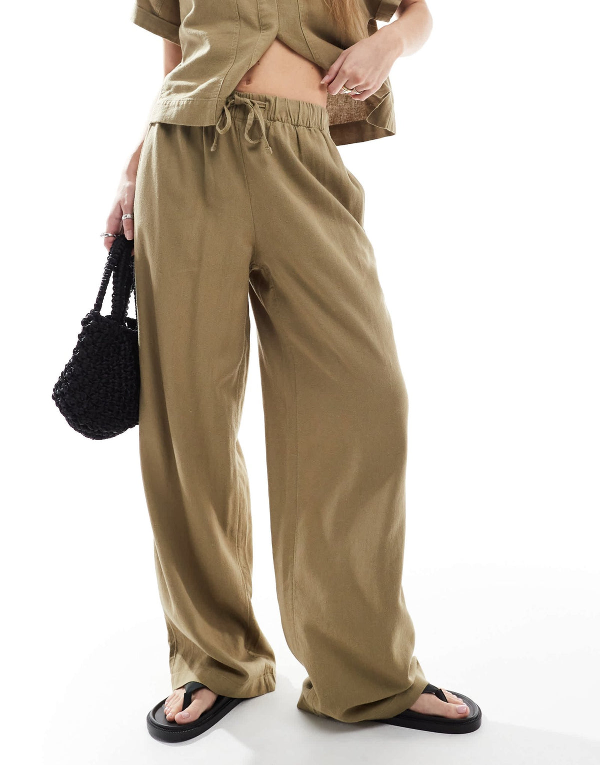 ONLY linen mix pull on trousers co-ord in light khaki - ASOS Sample Sale