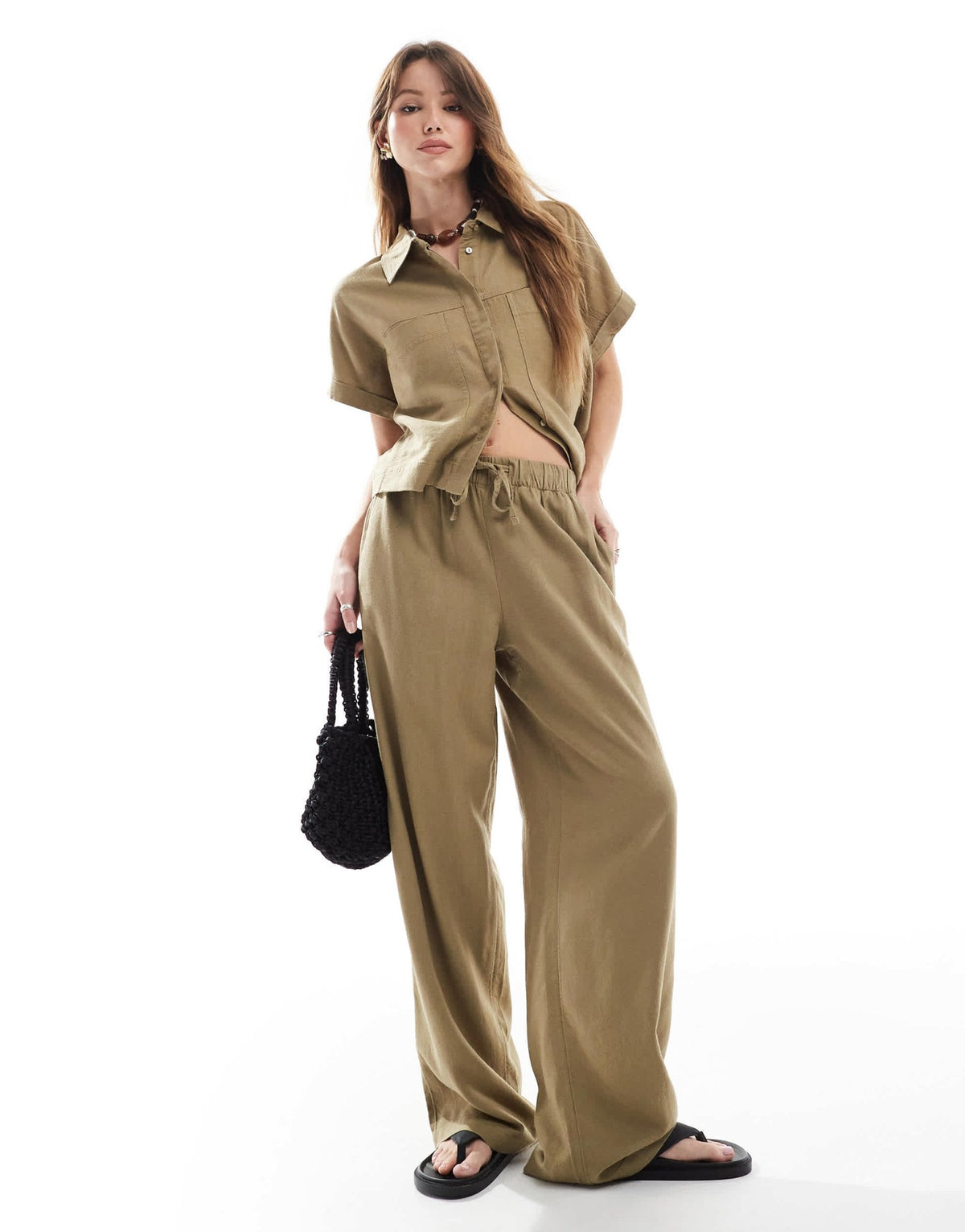 ONLY linen mix pull on trousers co-ord in light khaki - ASOS Sample Sale