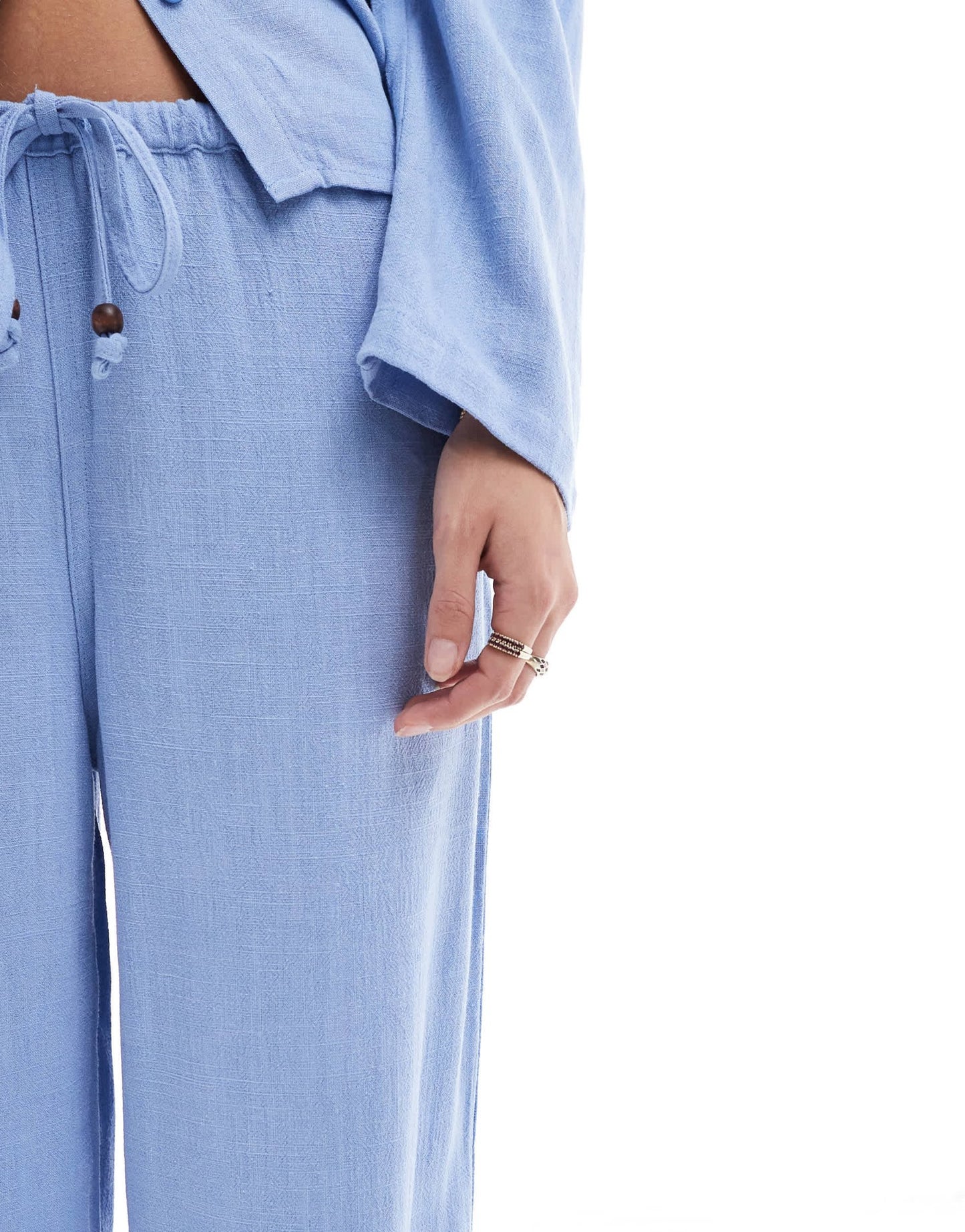 ONLY linen mix pull on wide leg trousers co-ord with beads detail in light blue - ASOS Sample Sale