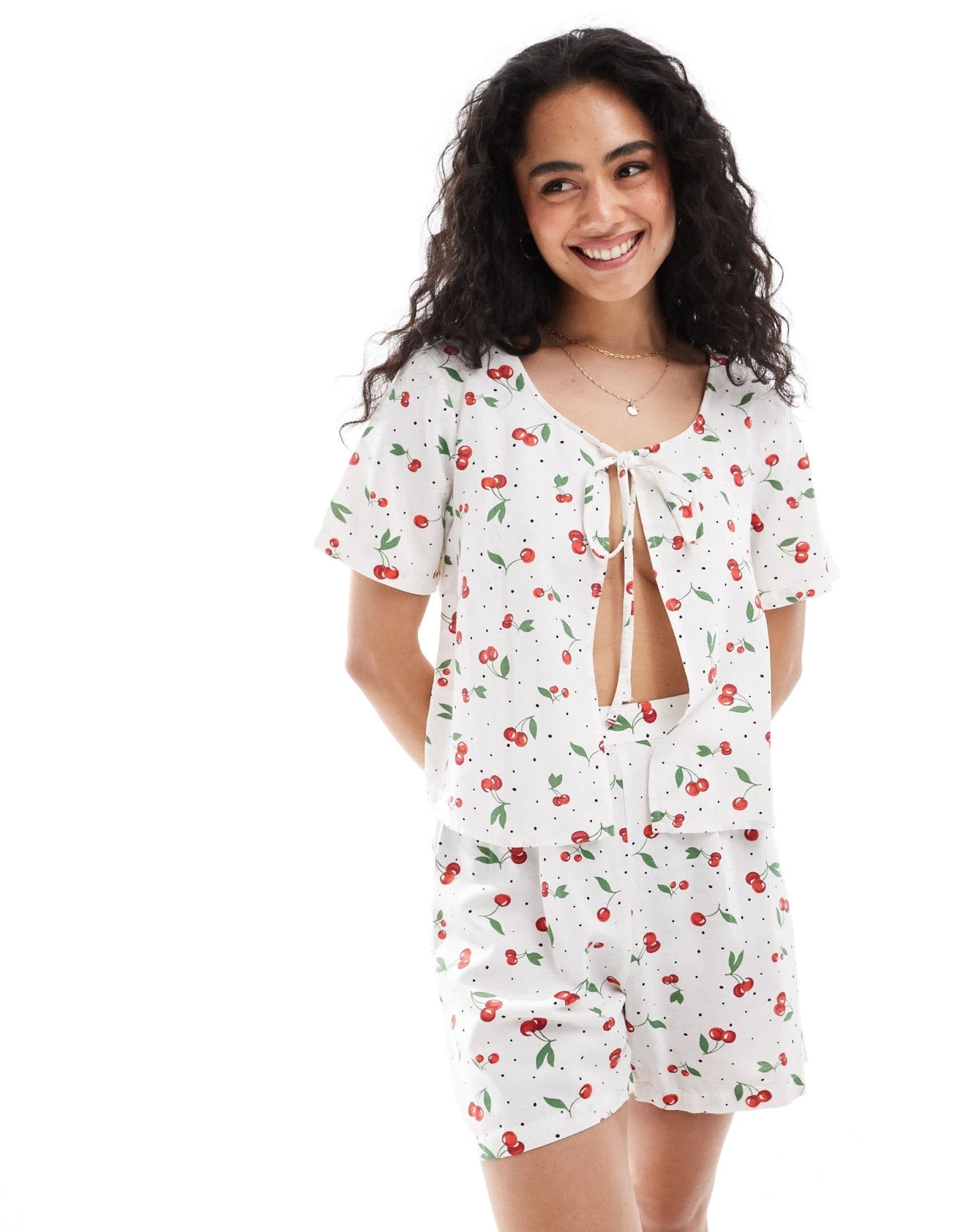 ONLY linen mix tie front top co - ord in cherry print - ASOS Sample Sale