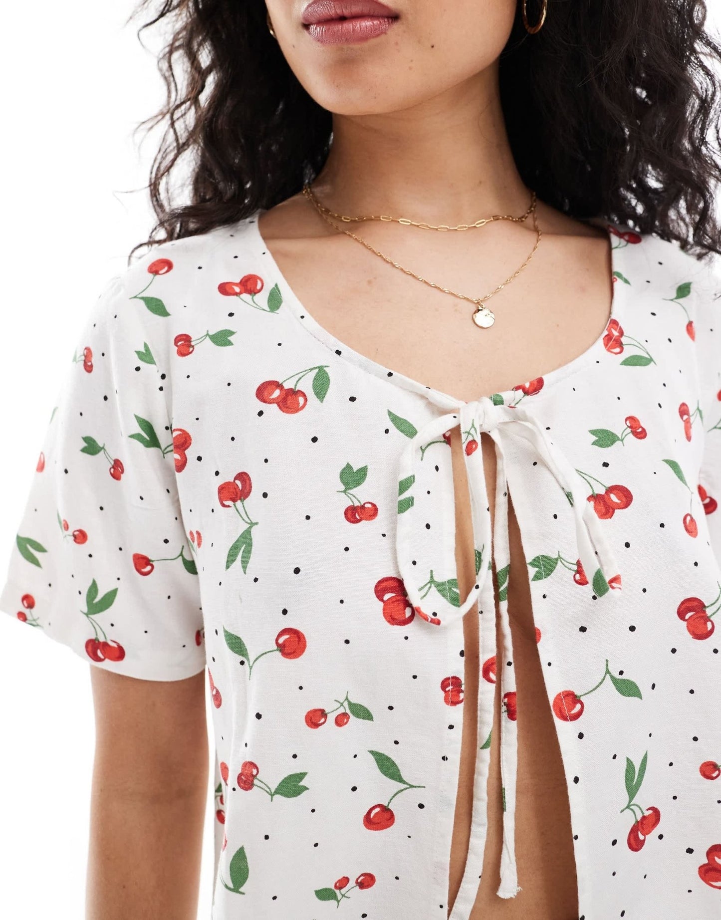 ONLY linen mix tie front top co - ord in cherry print - ASOS Sample Sale