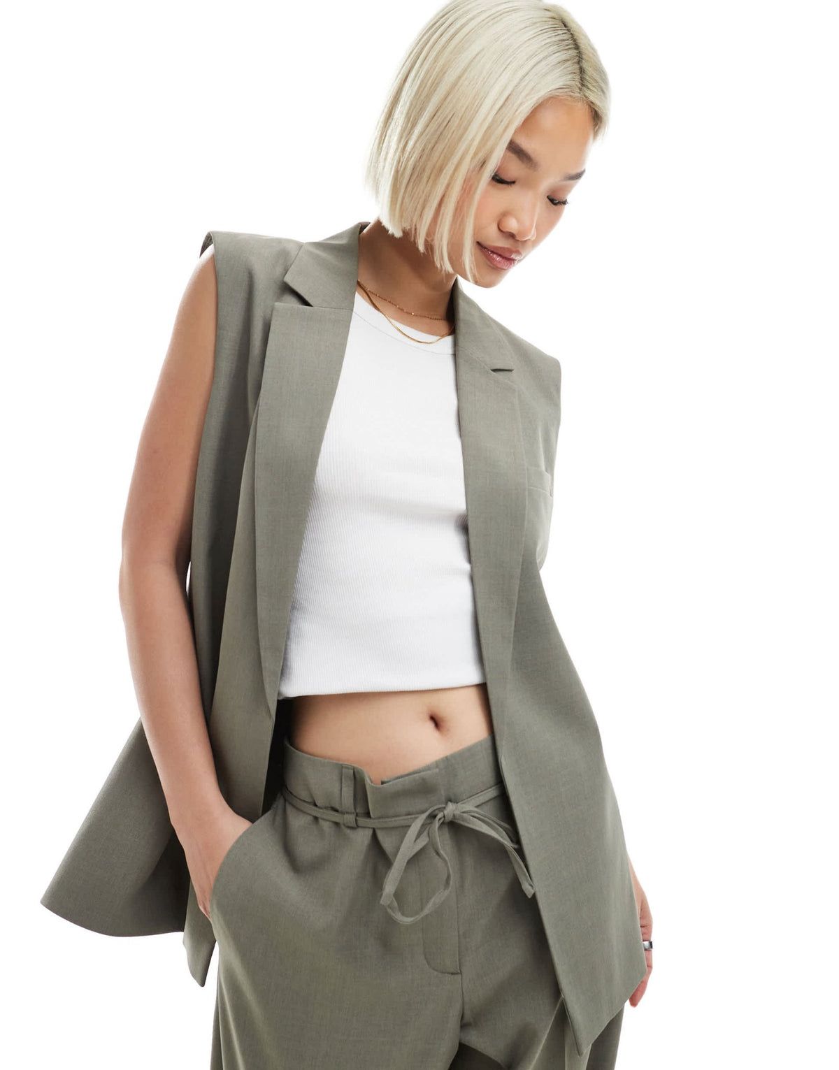 ONLY longline open waistcoat co-ord in sage grey - ASOS Sample Sale